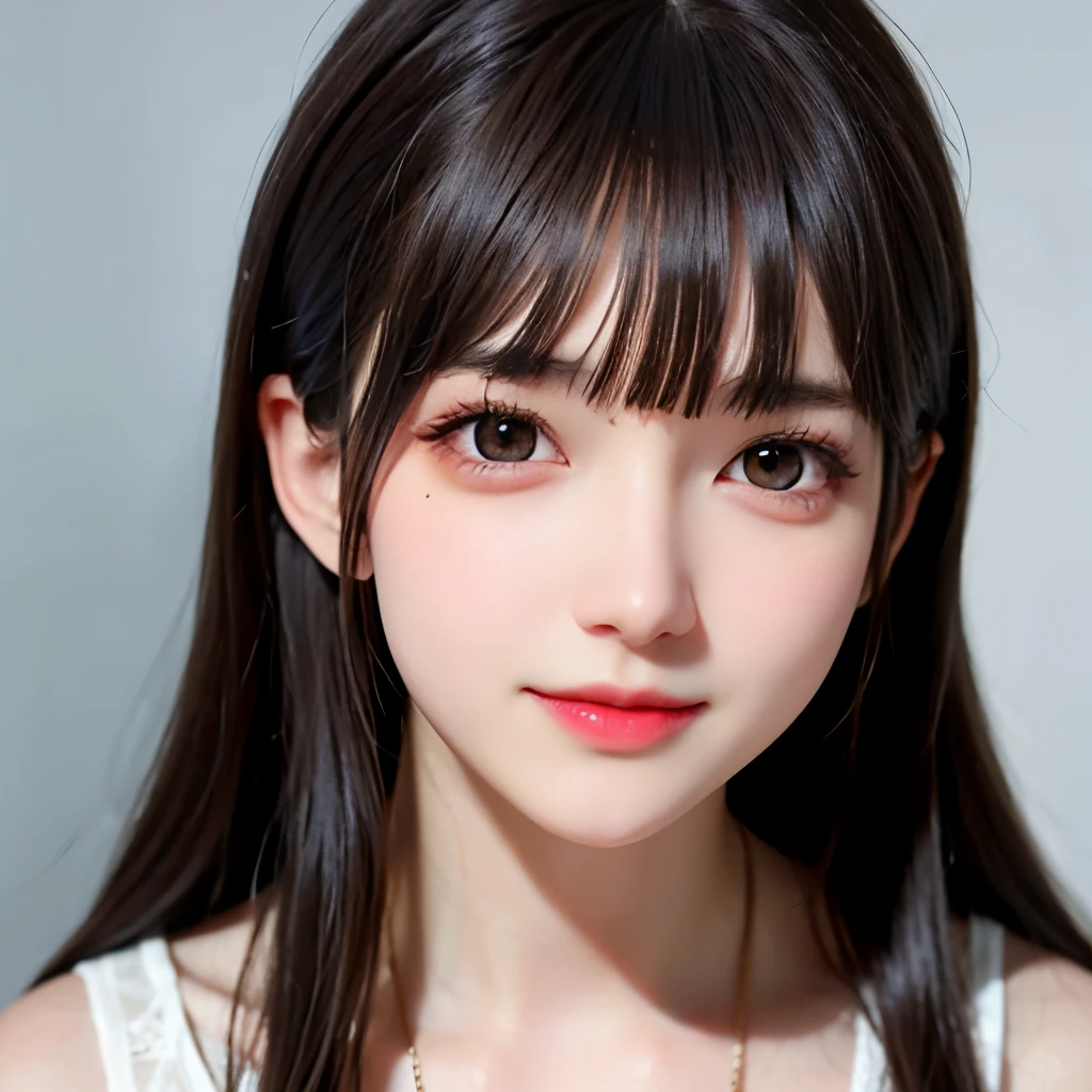Girl, long brown hair, gray eyes, sharp features, white skin