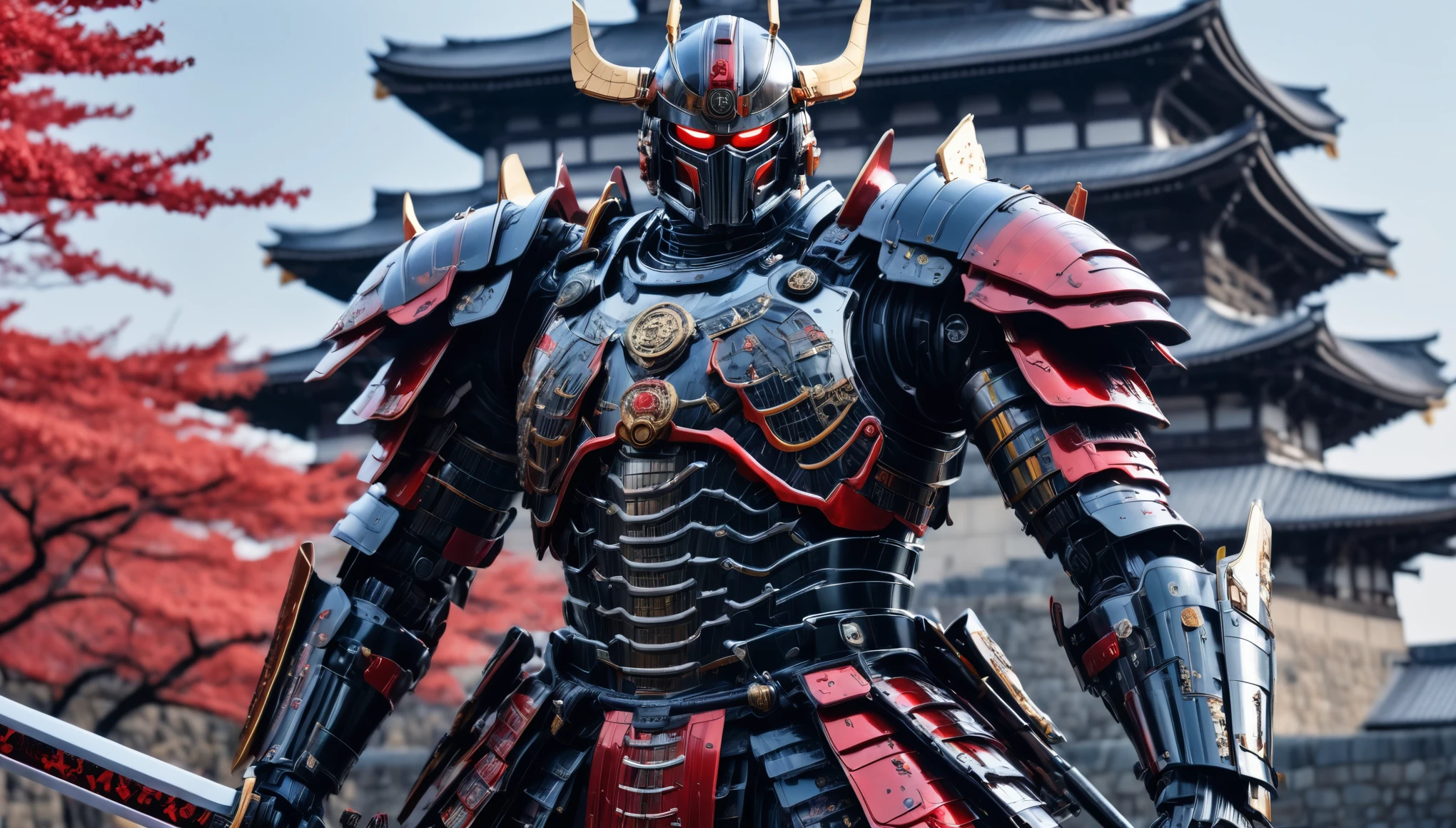 realistic photo of cyborg shogun with big katana sword, very detailed, metalic armor, red and black colors of armor, glowing leds in armor, mechanical parts in armor,  osaka castle in background, imersive backgroud, movie style, full shot (full body), panoramic, low angle shot, 8k, raw photo