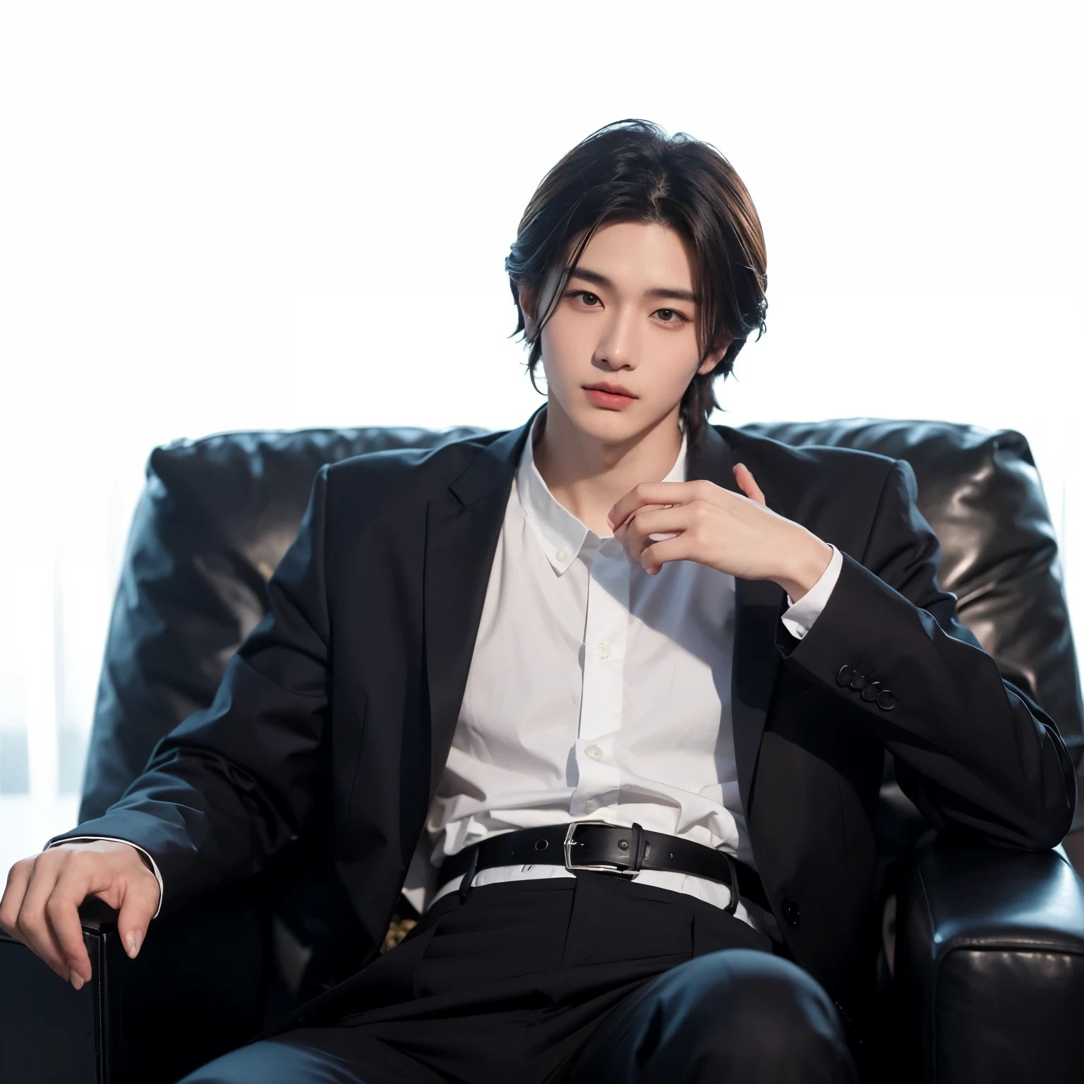 There was a man sitting in a chair with his hands in his lap., Inspiration from Zhang Han, Inspiration from Kim Deuksin, The delicate androgynous prince, beautiful androgynous prince, Inspired by Bian Shoumin, Digital art of elegance, In the art form of the pond, Handsome boy anime, Handsome anime poses, Anime image of a handsome young man