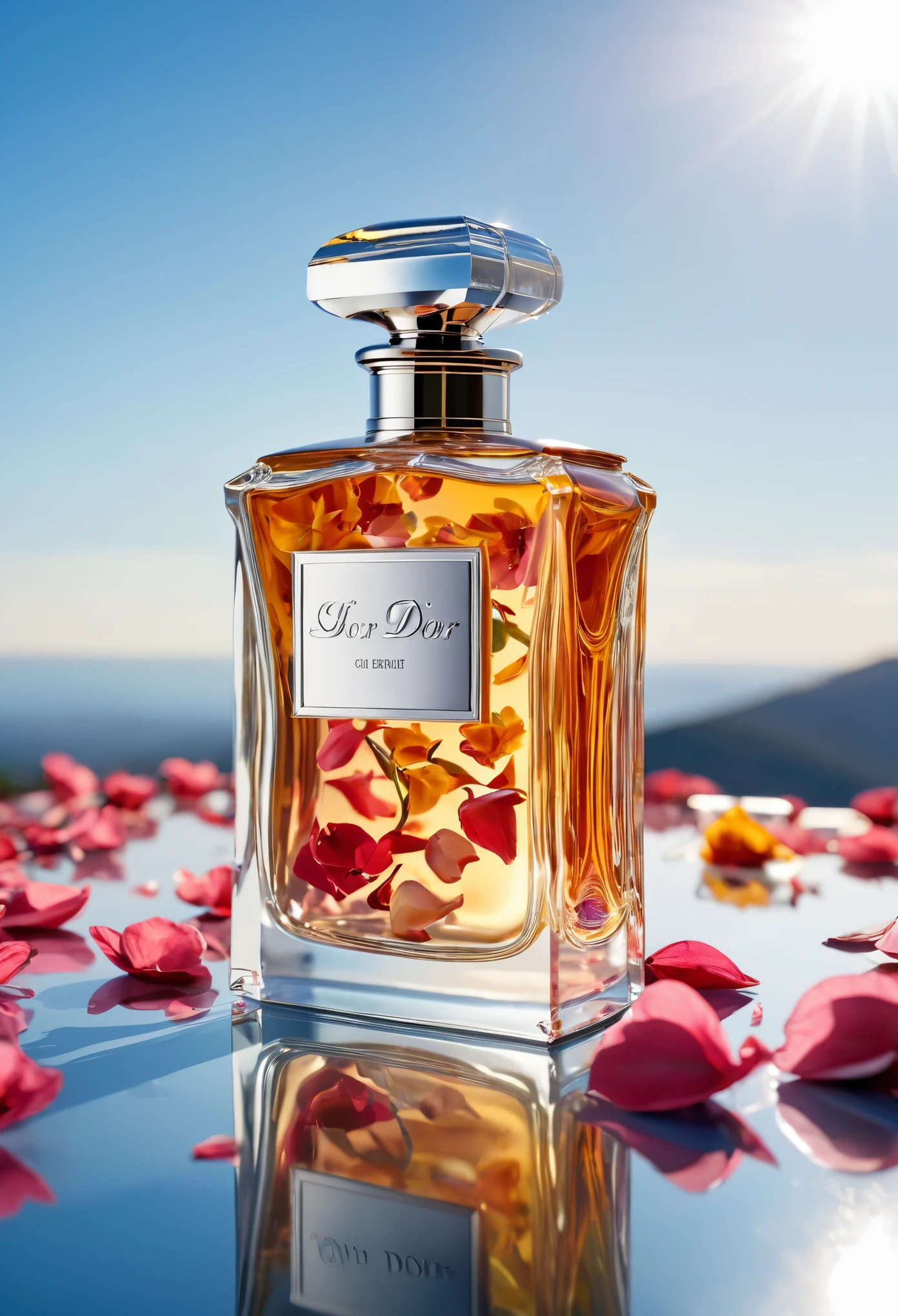In the stillness of the morning, the reflection of a Dior perfume bottle Against the pale blue sky shows its elegant allure. The mirror, framed by delicate falling flower petals, catches the first rays of sunlight in a high angle shot. Each detail is meticulously captured in Alto detalhe, Alta qualidade, enhancing the reflexo do sol that dances on the bottle's surface. The 8K octane rendering showcases every curve and line with lifelike texture, as if inviting one to touch and feel its luxuriousness. As the sun begins to rise, the scene bursts with vibrant colors, the petals blooming in brilliant hues,