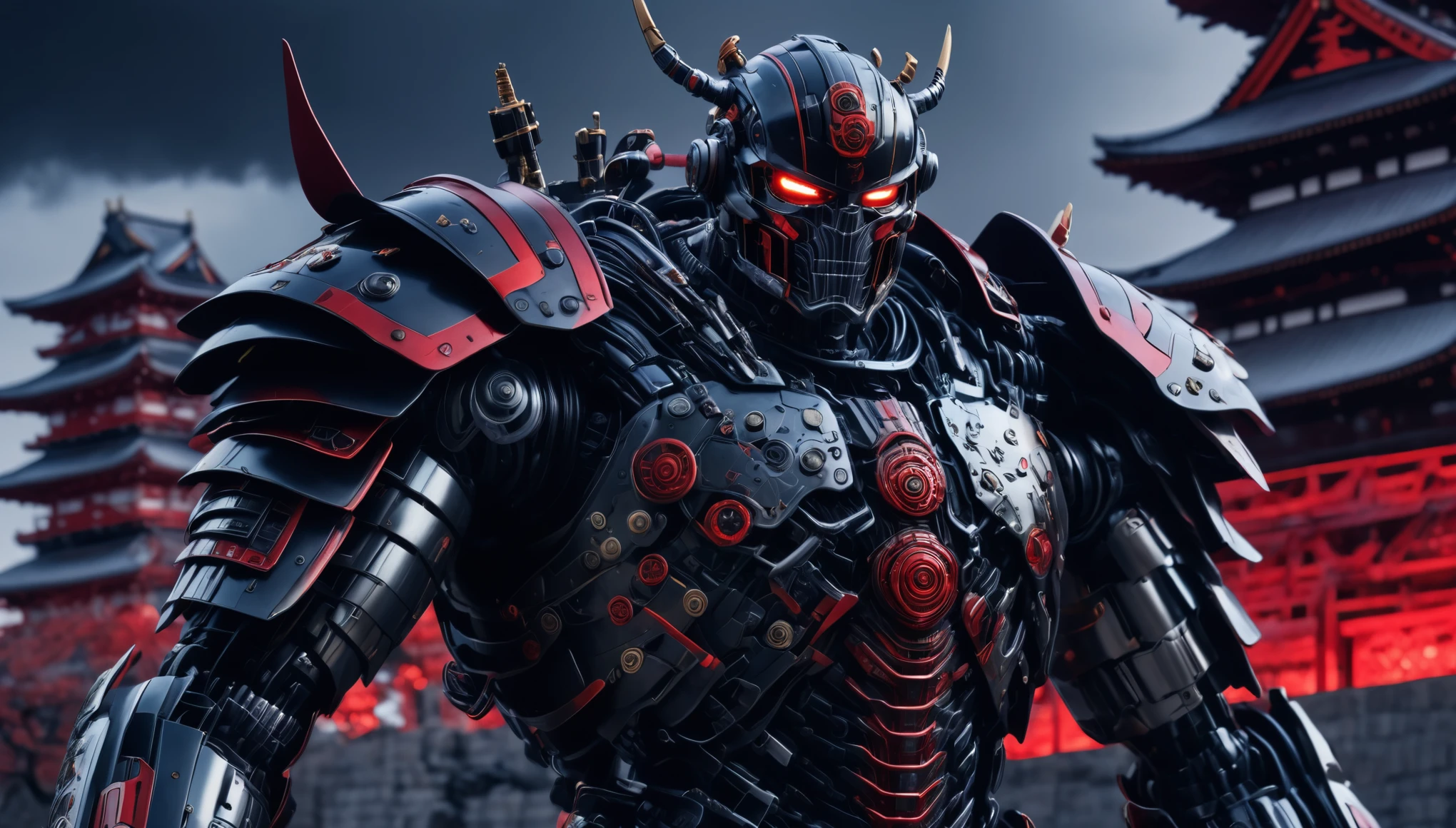 realistic photo of cyborg shogun, very detailed, metalic armor, red and black colors, glowing leds, mechanical parts,  osaka castle in background, imersive backgroud, movie style, long shot, panoramic, low angle shot, 8k, raw photo