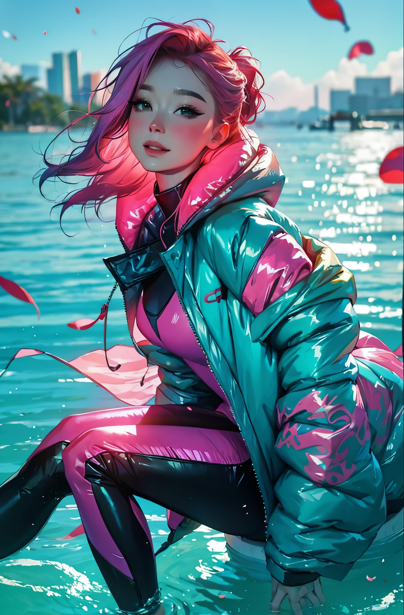 cyberpunk female woman wearing (chromatic accents:1.1), sleek White transparent bodysuit, side view turning to face camera, (Petal Blush, Lagoon Blue color background:1.3), amazing smile, looking at camera, 1980’s style poster