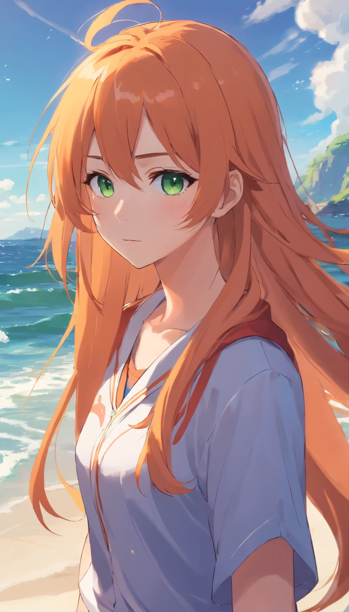 Anime girl with long orange hair, standing on the beach near the ocean, green eyes detailed digital anime art, Anime girl with long hair, гладкое аниме cg art, Anime girl with long hair, digital anime art, work in Guweiz style, Beautiful anime portrait, Photorealistic render of an anime girl, Beautiful anime girl, advanced digital anime art, guweiz на artstation pixiv HD UHD HQ
