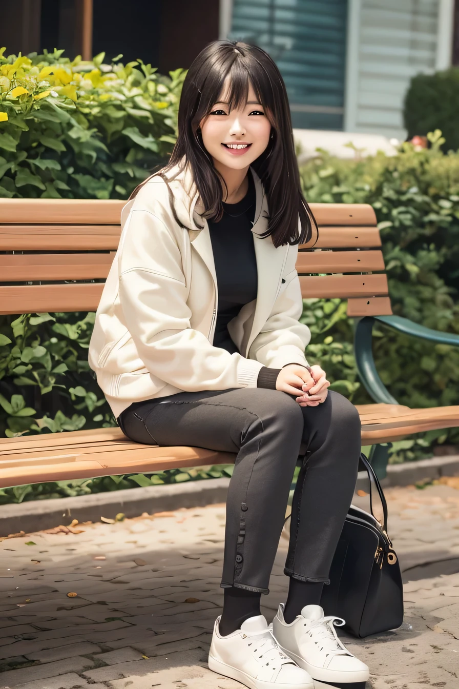 A neat and beautiful woman sitting on a park bench、hoodie、skirt、black tights、pumps、socks slightly visible through shoes、black hair、refreshing smile、smile showing teeth、full body photo