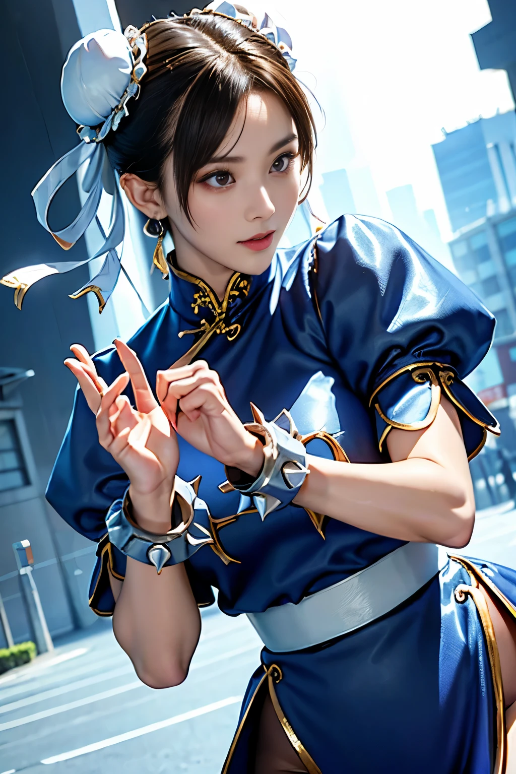 Chun-Li from Street Fight II,perfect chun li costume,blue cheongsam with gold lines,Bun head,Good cover,fighting pose,masterpiece、1 beautiful girl、fine eyes、puffy eyes、highest quality, 超High resolution, (reality: 1.4), movie lighting、Japanese、asian beauty、Korean、super beautiful、beautiful skin、body facing forward、close up of face、(超reality的な)、(High resolution)、(8k)、(very detailed)、(美しくfine eyes)、(Super detailed)、 (wall-)、detailed face、bright lighting、professional lighting、looking at the viewer、look straight ahead、slanted bangs、Nogizaka Idol、korean idol、masterpiece, highest quality, masterpiece, highest quality, perfect face, perfect brown eyes with white sclera, bad move-5, alone, 1 girl, Upper body, brown hair, From SF2, Chinese service, smile, muscular woman, blue clothes, pantyhose, pelvic curtain, Puffy short sleeves, Good cover, sash, evaluation:safety