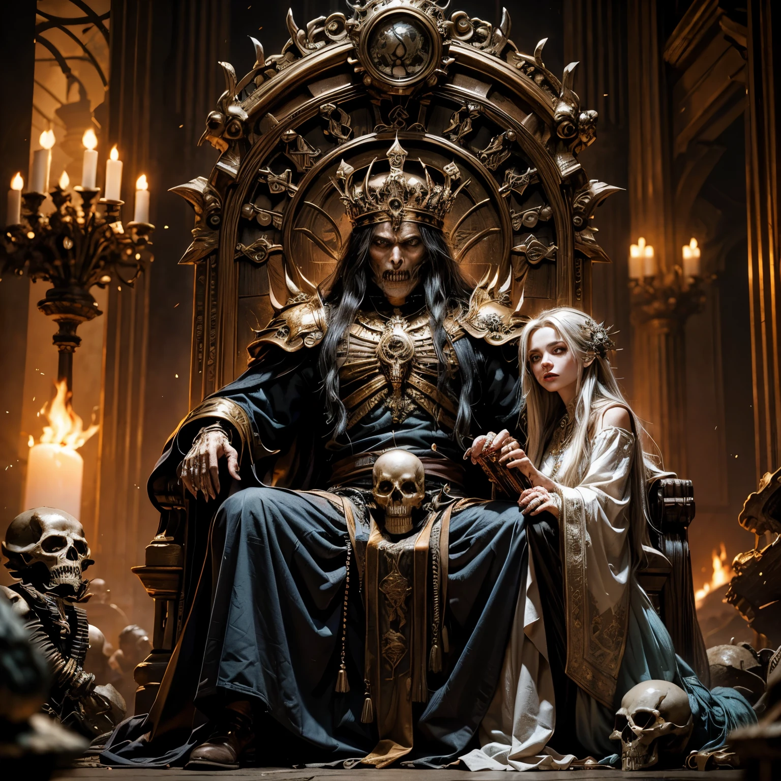 The Ancient Skeleton King, revered as the harbinger of The Age of Apocalypse, stands tall before his throne, his bony fingers holding an ornate, intricately designed King calendar. His eyes burn with an otherworldly fire, as if he can sense the impending doom that lurks in the future. The once grand halls of his throne room now lie in ruins, but he remains impervious to the chaos that surrounds him.
Beside him, a sorceress woman with long, flowing locks and an ethereal aura watches the King, her eyes filled with concern. She clutches the goblin she summoned, its slimy