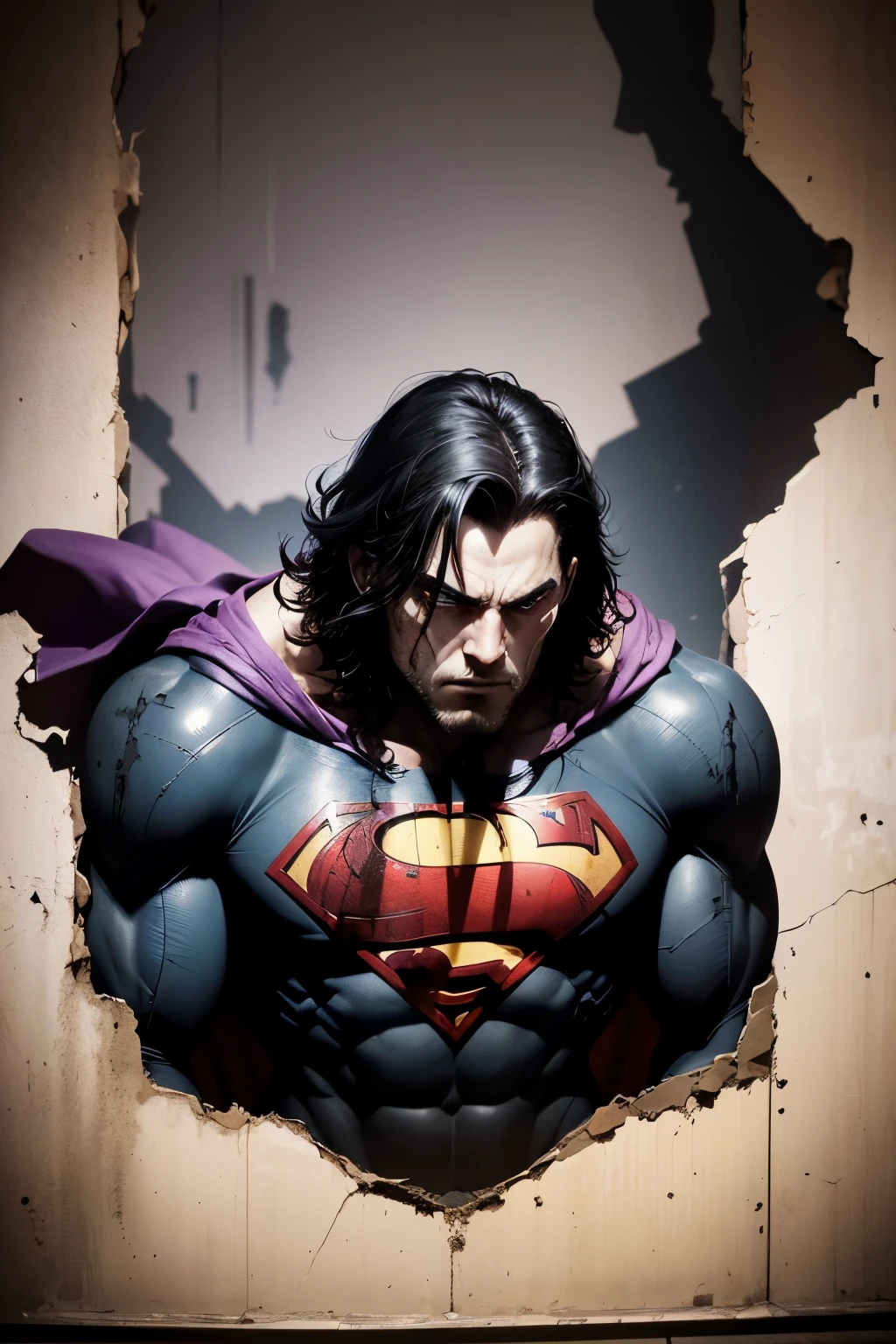 In the shadowy depths of a comic convention, an image of the disfigured Superman looms large on a vintage poster. The once-iconic hero, now twisted into a grotesque form, is rendered in the style of dark violet and gray tones, blending seamlessly with the gritty wizardcore aesthetic. His once-pristine S-shield is cracked and chipped, a symbol of his broken identity.
The poster is reminiscent of the group Zero movement, reflecting the grungy, underground atmosphere of a subculture that revels in the unconventional. Amidst the disfigured backdrop, giant money sculptures cast long, Sin