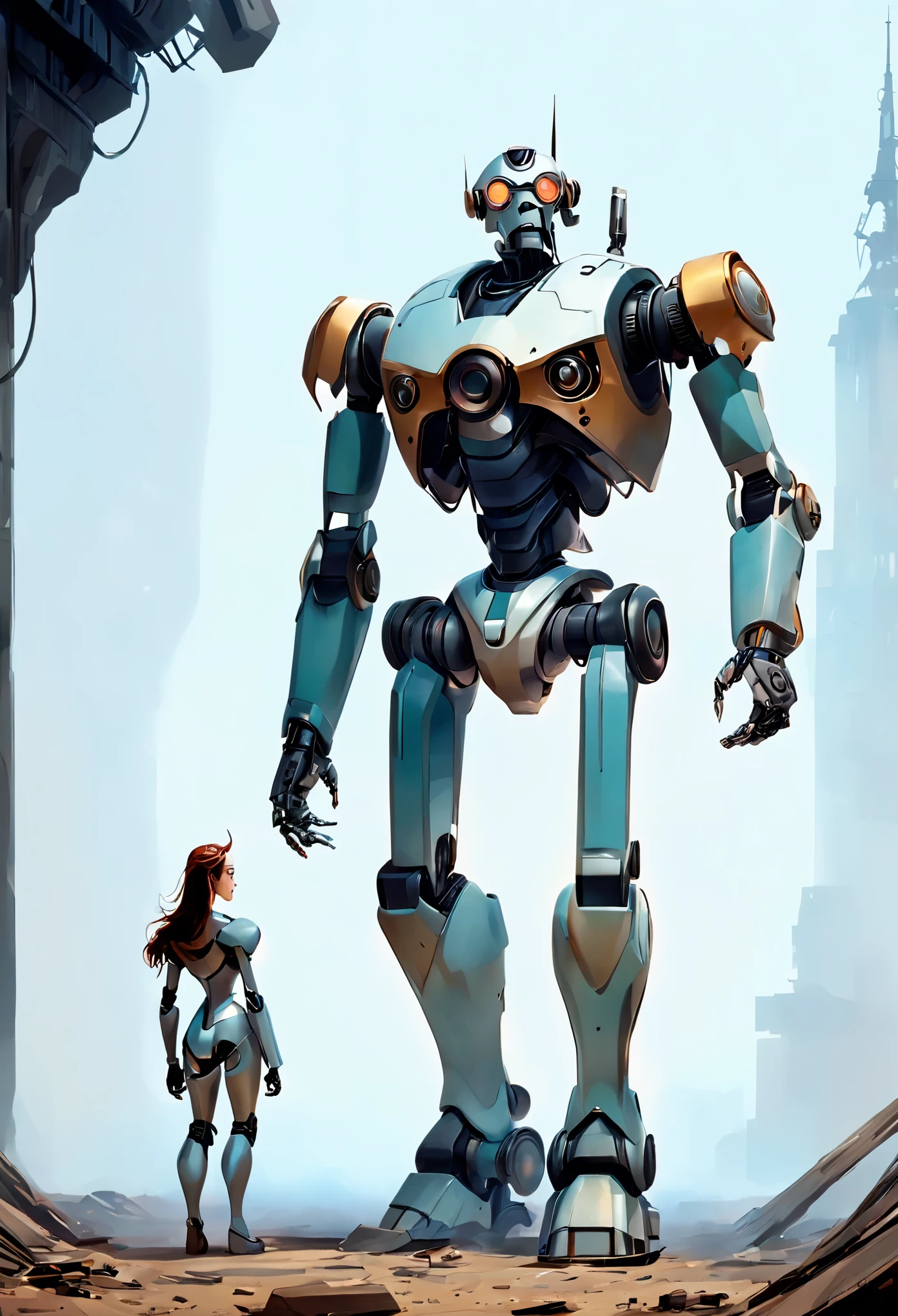 In the style of Tex Avery, A full length view of a robot and a robot standing next to each other, mech robot futuristic, mech robot, robot concept art, futuristic robot, scifi robots, concept robot, mech body, by jeonseok lee, futuristic robots, beautiful robot character design, hard surface character pinterest, love death and robots, symmetry! futuristic robotic, humanoid mech, war robot