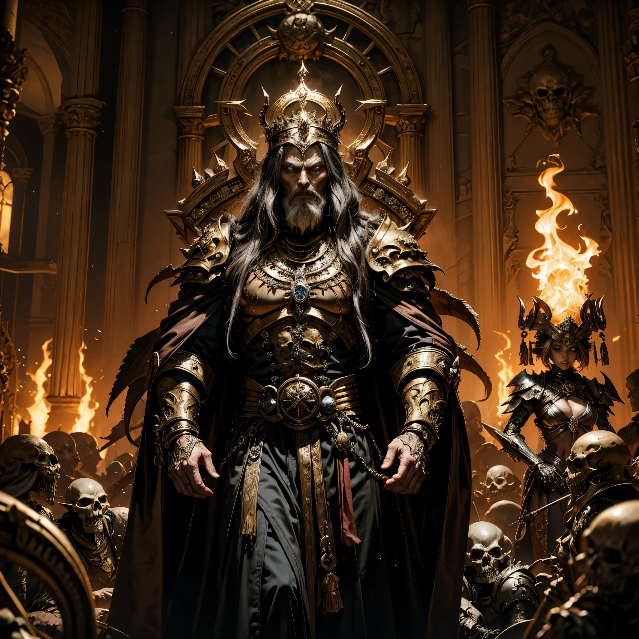 The Ancient Skeleton King, revered as the harbinger of The Age of Apocalypse, stands tall before his throne, his bony fingers holding an ornate, intricately designed King calendar. His eyes burn with an otherworldly fire, as if he can sense the impending doom that lurks in the future. The once grand halls of his throne room now lie in ruins, but he remains impervious to the chaos that surrounds him.

Beside him, a sorceress woman with long, flowing locks and an ethereal aura watches the King, her eyes filled with concern. She clutches the goblin she summoned, its slimy