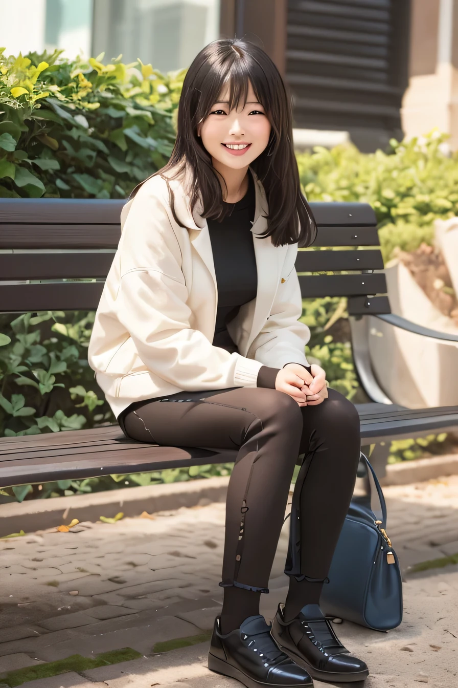 A neat and beautiful woman sitting on a park bench、hoodie、skirt、black tights、pumps、、black hair、refreshing smile、smile showing teeth、full body photo