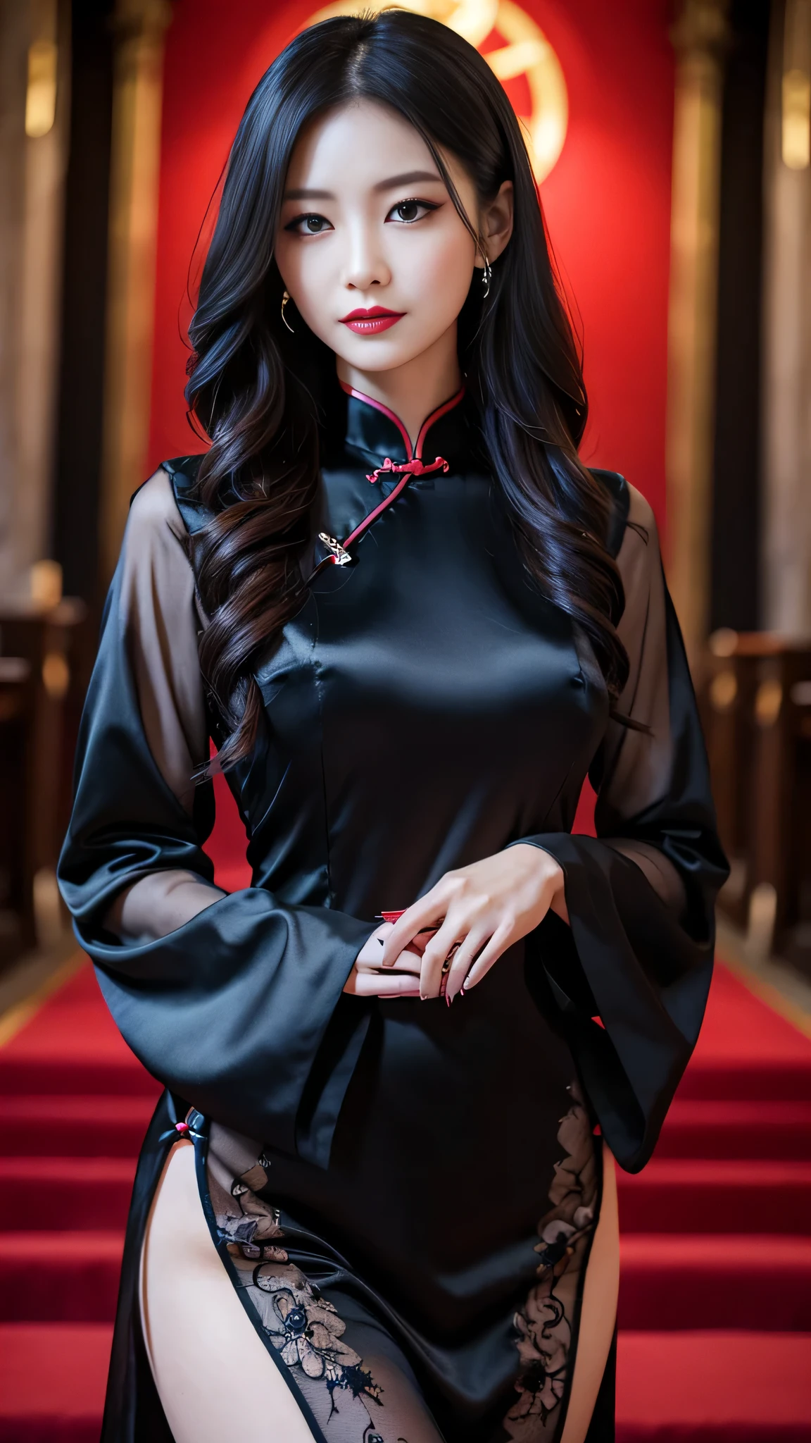 Super detailed、Japanese、charming beauty、seductive adult woman、Beautiful woman、sharp eyes、cool girl、wavy hair、long black cheongsam、wide sleeve、evilの幹部、evil depravity、brainwashing、Mind control、lipstick、grin、evilな表情、evil、empty eyes、evil、church at night、vampire、vampire、Hypnosia makeup brush