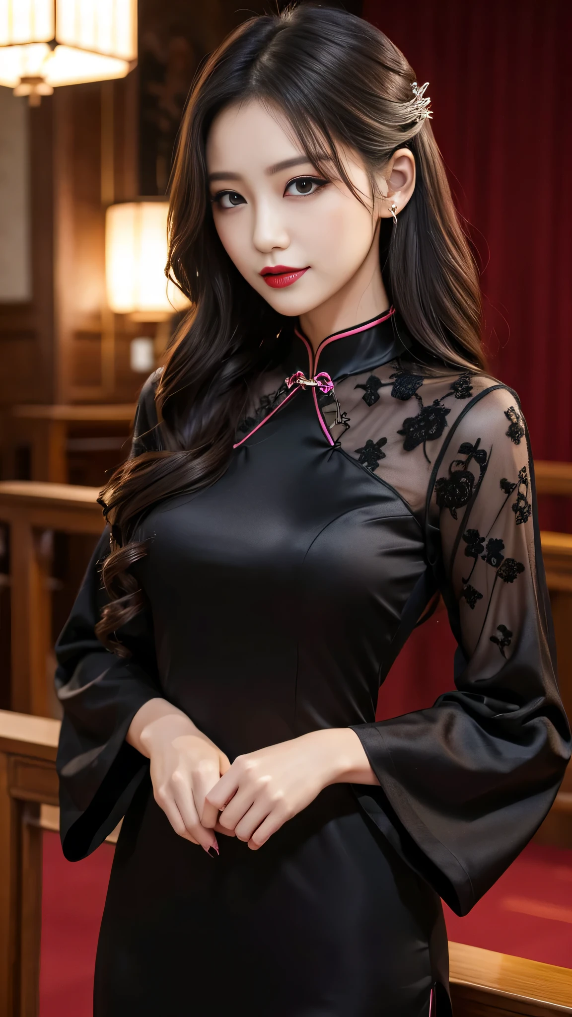 Super detailed、Japanese、charming beauty、seductive adult woman、Beautiful woman、sharp eyes、cool girl、wavy hair、long black cheongsam、wide sleeve、evilの幹部、evil depravity、brainwashing、Mind control、lipstick、grin、evilな表情、evil、empty eyes、evil、church at night、vampire、vampire、Hypnosia makeup brush