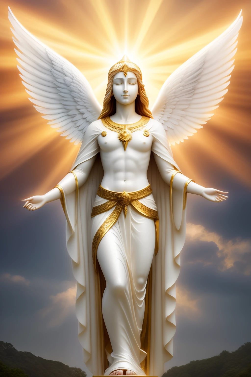A divine encounter: A radiant angelic figure, with ethereal wings spread wide, descends from the heavens above, bathed in golden sunlight that filters through the clouds. The Father of heavenly lights, an unchanging deity, sends down this perfect gift with the gentle grace of a feather on the wind. His luminous countenance shines like the sun, casting delicate, hake rays that illuminate the surroundings with a godly glow. Intricate, hyper-realistic details define the angel's features, from the subtle sheen on its skin to the minute veins visible through its wings. This masterpiece captures the essence of divine beauty, a testament to
