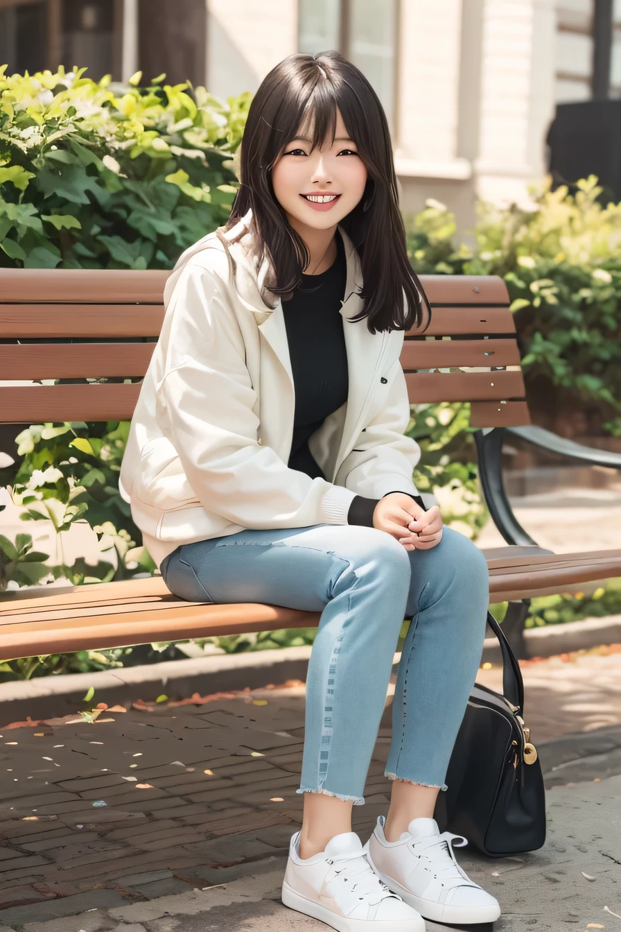 A neat and beautiful woman sitting on a park bench、black hair、hoodie、skinny denim、sneakers、socks slightly visible through shoes、refreshing smile、smile showing teeth、full body photo、

