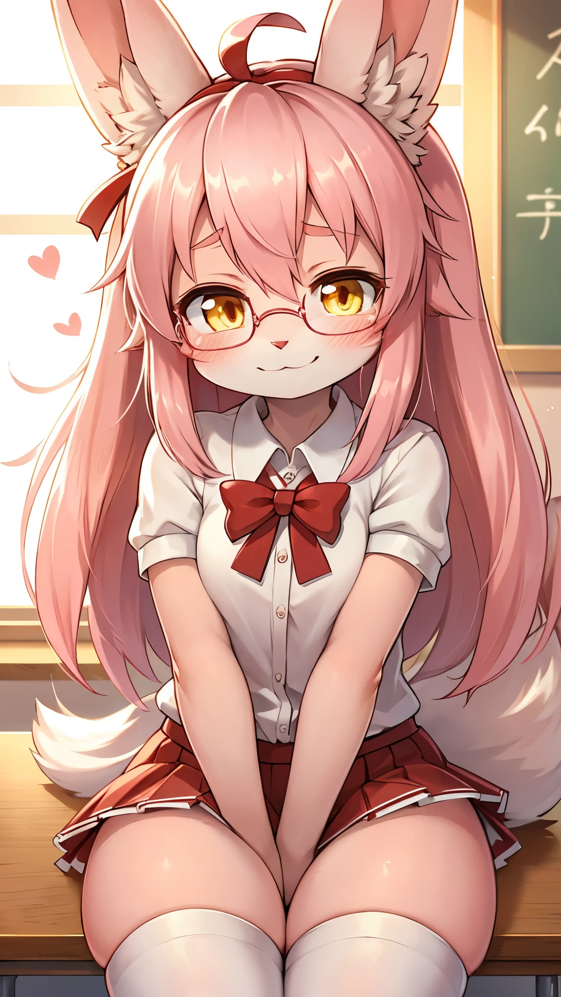 best quality,best resolution,pink rabbit girl,yellow eyes,glowing eyes,glistering eyes,pink long hair,wavy hair,messy hair,pink long rabbit ears,fluffy round rabbit tail,pink fur,white short arm shirt,red mini skirt,red ribbon bowtie,glasses,ribbon hairpin,shy face,smile,full face blush,white stocking,upper body only,classroom,gold light,light and shadow,morning,looking at viewer,heart eyes,close up