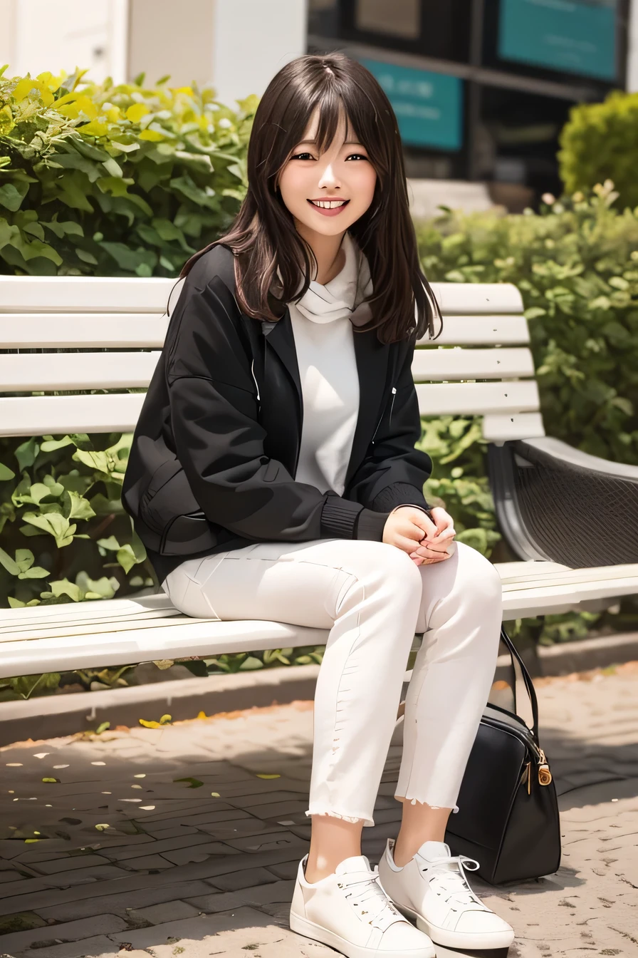 A neat and beautiful woman sitting on a park bench、hoodie、skirt、black tights、pumps、、black hair、refreshing smile、smile showing teeth、full body photo