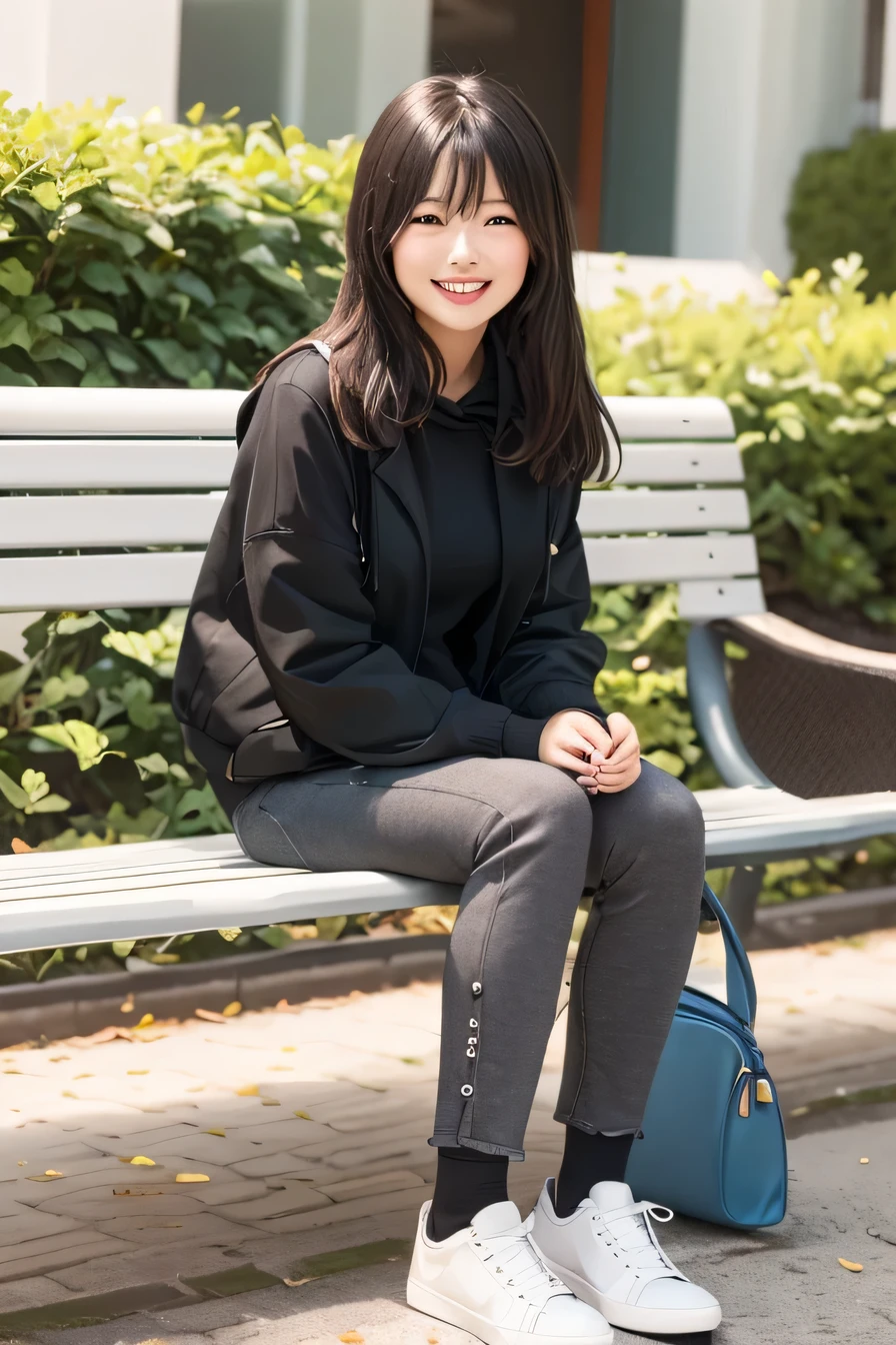 A neat and beautiful woman sitting on a park bench、hoodie、skirt、black tights、pumps、socks slightly visible through shoes、black hair、refreshing smile、smile showing teeth、full body photo