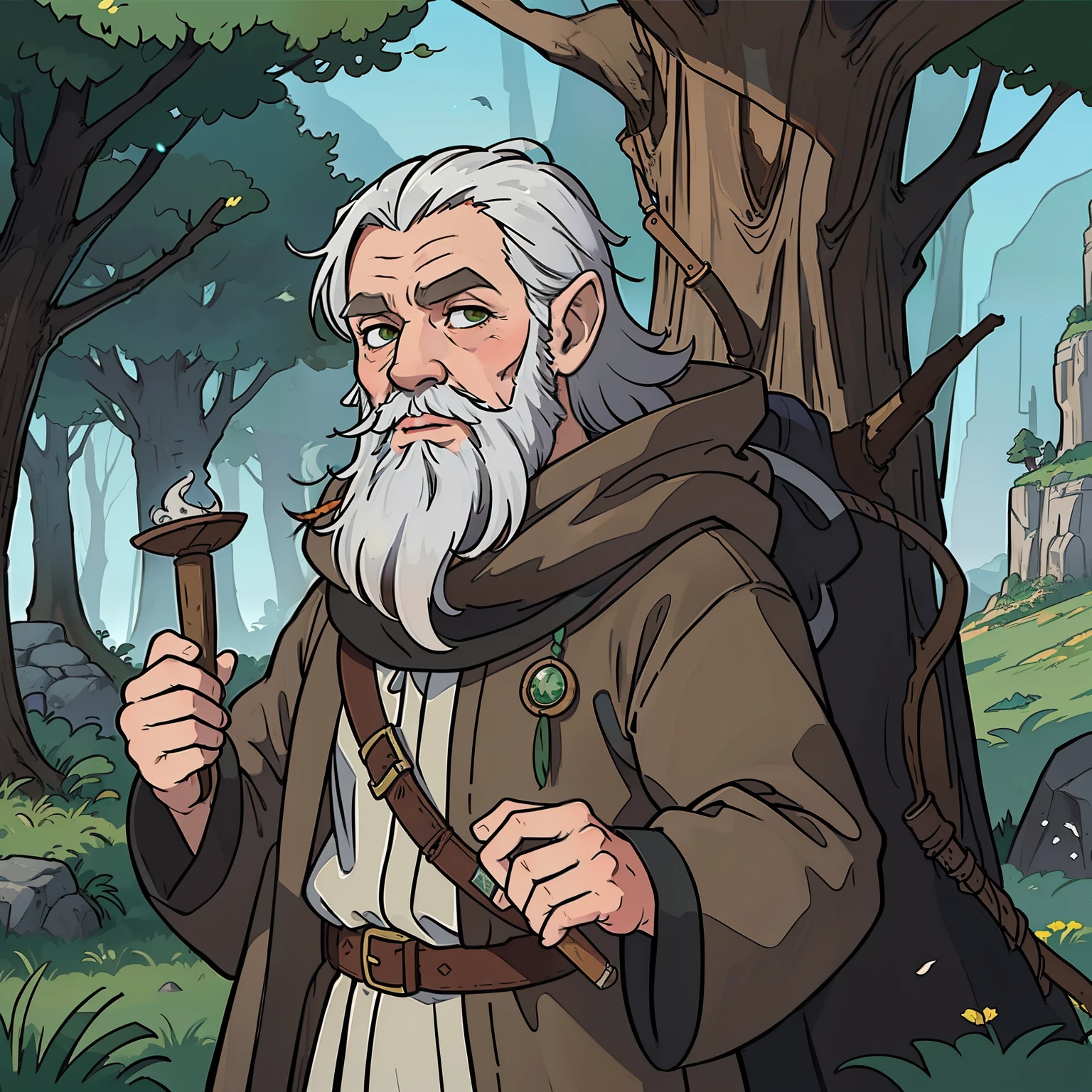 (((masterpiece))), (((best quality))), illustration, druid man, elder person, really old man, long silver beard, wearing a leather medieval hat, fantasy character, druid gnome portrait, forest mage, concept art, dirty druidic leather clothes, long smoking pipe with smoke, druid character, rpg druid character, dungeons and dragons druid, radagast like character from hobbit movie, game character, rpg character, highligths in hair, green forest in background, anime character, 8k, awesome quality