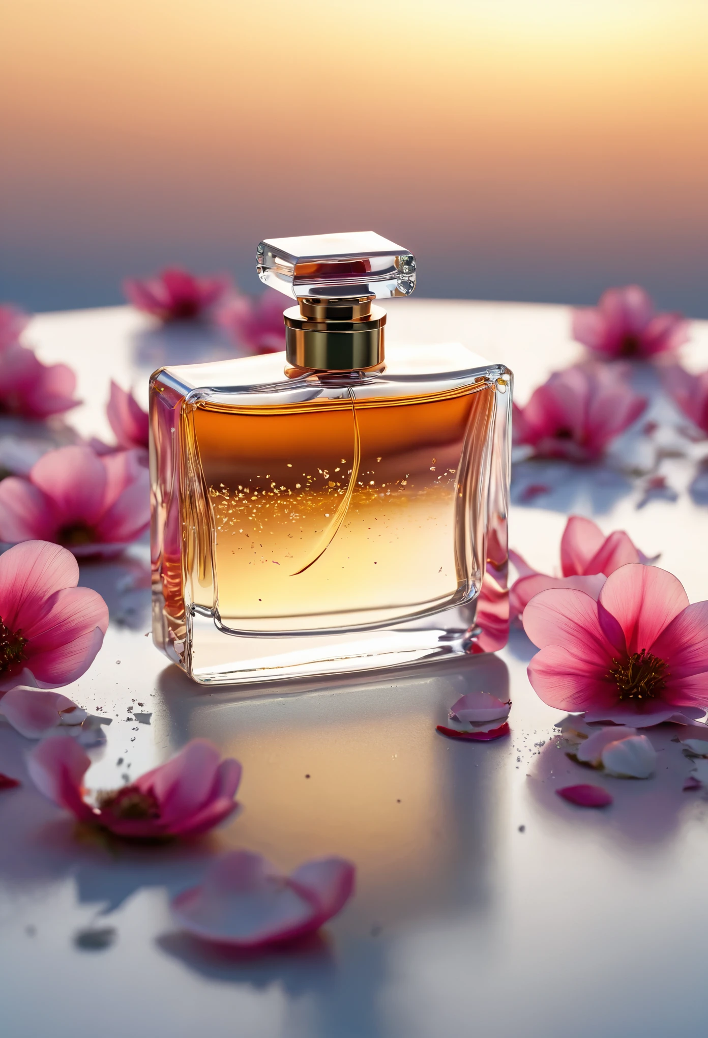 the reflection of a  perfume bottle Against the pale  sky shows its elegant allure. The mirror, framed by delicate falling flower petals, catches the first rays of moonlight in a high angle shot. Each detail is meticulously captured in Alto detalhe, Alta qualidade, enhancing the reflexo do sol that dances on the bottle's surface. The 8K octane rendering showcases every curve and line with lifelike texture, as if inviting one to touch and feel its luxuriousness. As the sun begins to rise, the scene bursts with vibrant colors, the petals blooming in brilliant hues,