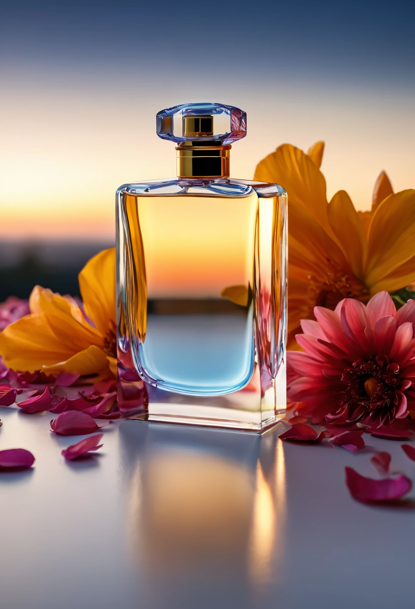 the reflection of a  perfume bottle Against the pale  sky shows its elegant allure. The mirror, framed by delicate falling flower petals, catches the first rays of moonlight in a high angle shot. Each detail is meticulously captured in Alto detalhe, Alta qualidade, enhancing the reflexo do sol that dances on the bottle's surface. The 8K octane rendering showcases every curve and line with lifelike texture, as if inviting one to touch and feel its luxuriousness. As the sun begins to rise, the scene bursts with vibrant colors, the petals blooming in brilliant hues,