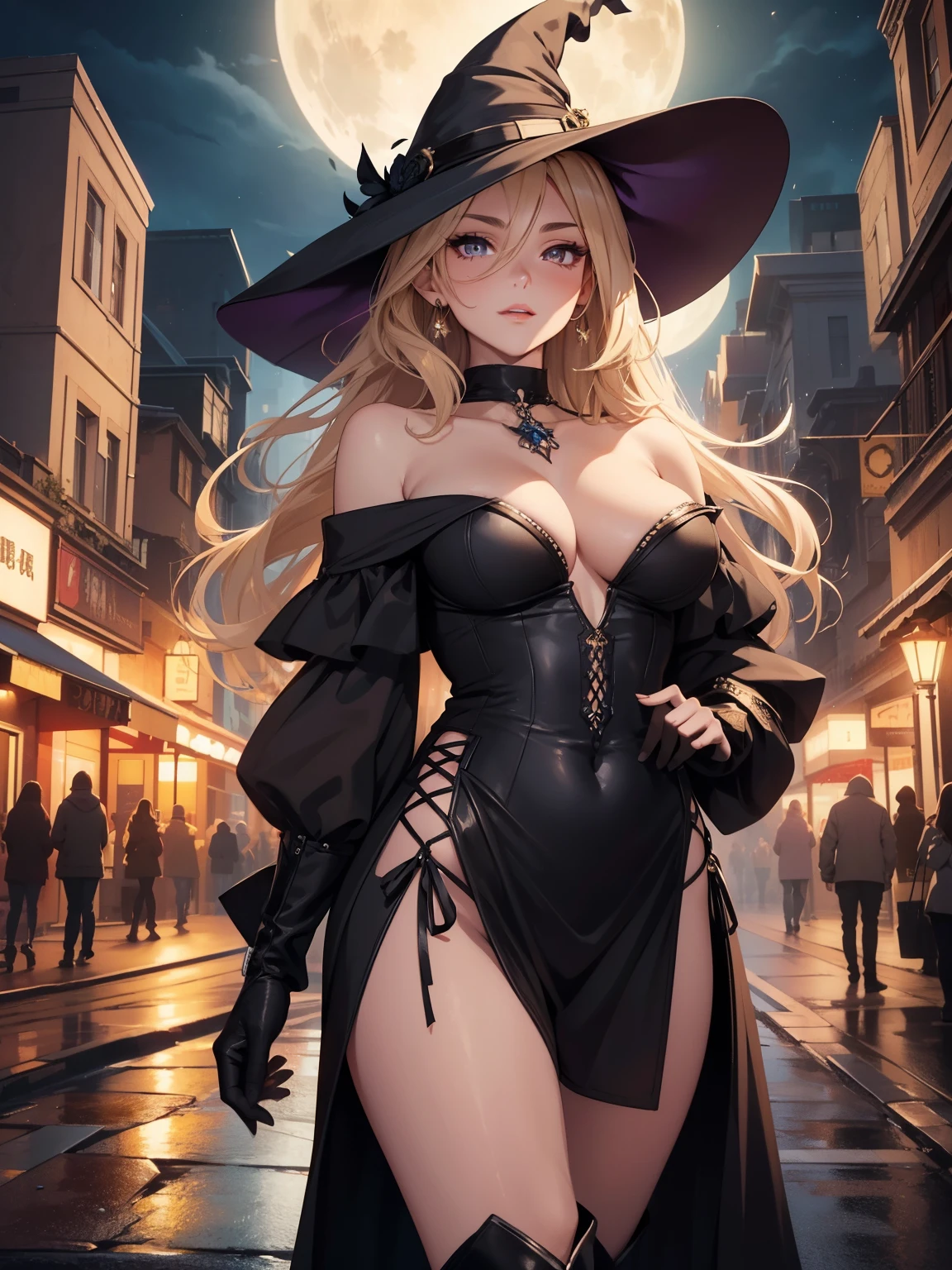 (best quality, 4k, 8k, highres, masterpiece:1.2),
	ultra-detailed,
	detailed face,
	detailed lips and eyes,
	attractive appearance,
	expressive face,
	anime style,
BREAK
	Valerie the Thief beautiful caucasian woman with messy wavy (shoulder length:1.3) blonde hair,
	23 years old,
	((big eyes)),
	(brown eyes:1.4),
	brown eyebrows,
	fair skin,
	lean and athletic,
BREAK
	detailed perfect fingers,
	perfect hands,
	detailed perfect face,
	intense blushing
	short female
	closed lips
	smirk
	beautiful detailed glowing eyes
	arrogant caring slightly shy and slutty expression
	(solo:1.2)
BREAK [:
	(((witch_hat)))
	twintails
	jewelry
	cape
	long_hair
	black_gloves
	medium_breasts
	black_pantyhose
	black_choker
	bodystocking
	hair_ornament
	purple_headwear
	detached_sleeves
	blue_leotard
	star_earrings
	(luxurious knee height black stiletto boots:1.3):7],
BREAK
	walking from magic portal
	glowing night street
	magical and urban atmosphere
	cinematic lighting
	Full moon.