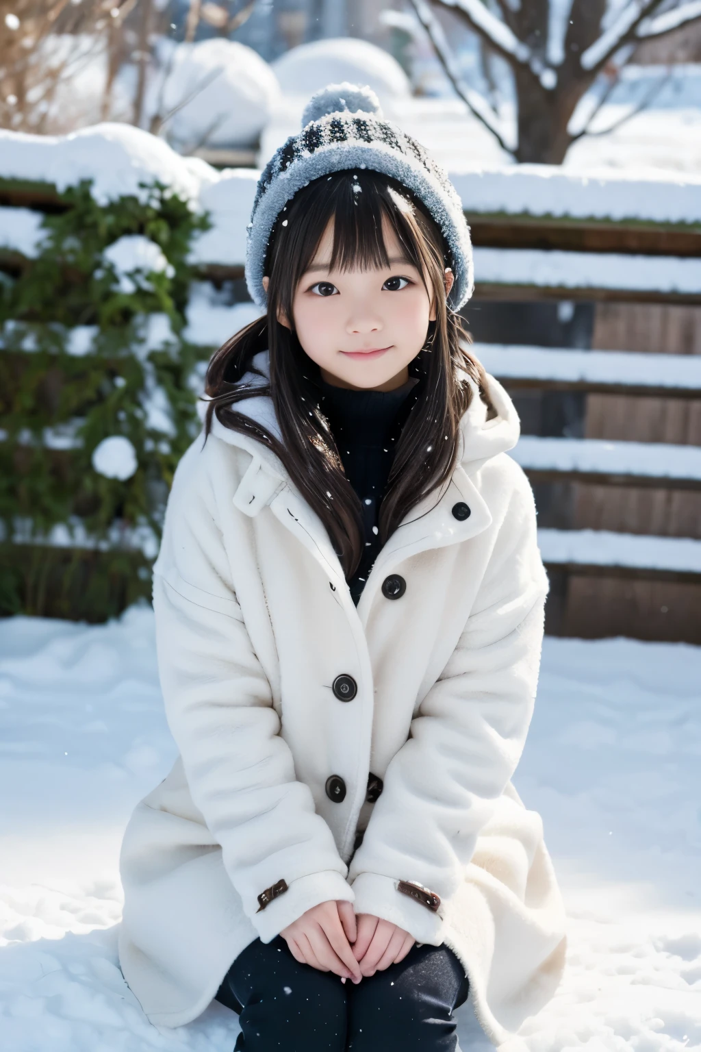 8k,Japanese,,innocent face,teenage girl,cute,Winter clothes,everyday wear,snow,舞い落ちるsnow,頭の上にsnow,sitting,black hair,flower garden,hair clip,Decolletage