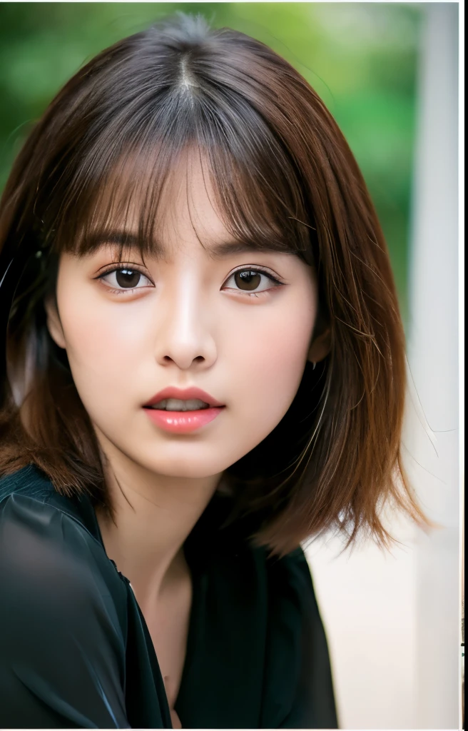 (RAW photo), (Photoreal), (masterpiece), (highest quality), High resolution, 8k, (intricate details), (light with volume), portrait, woman, 20-year-old, short hair, straight hair , long hair, brown hair, very fine eyes, source order, very thin eyebrows, Very fine skin, very fine mouth, very nice nose, cute like an idol, a little angry, (thick lips), (looking at the viewer), (elegant blouse), waist shot,