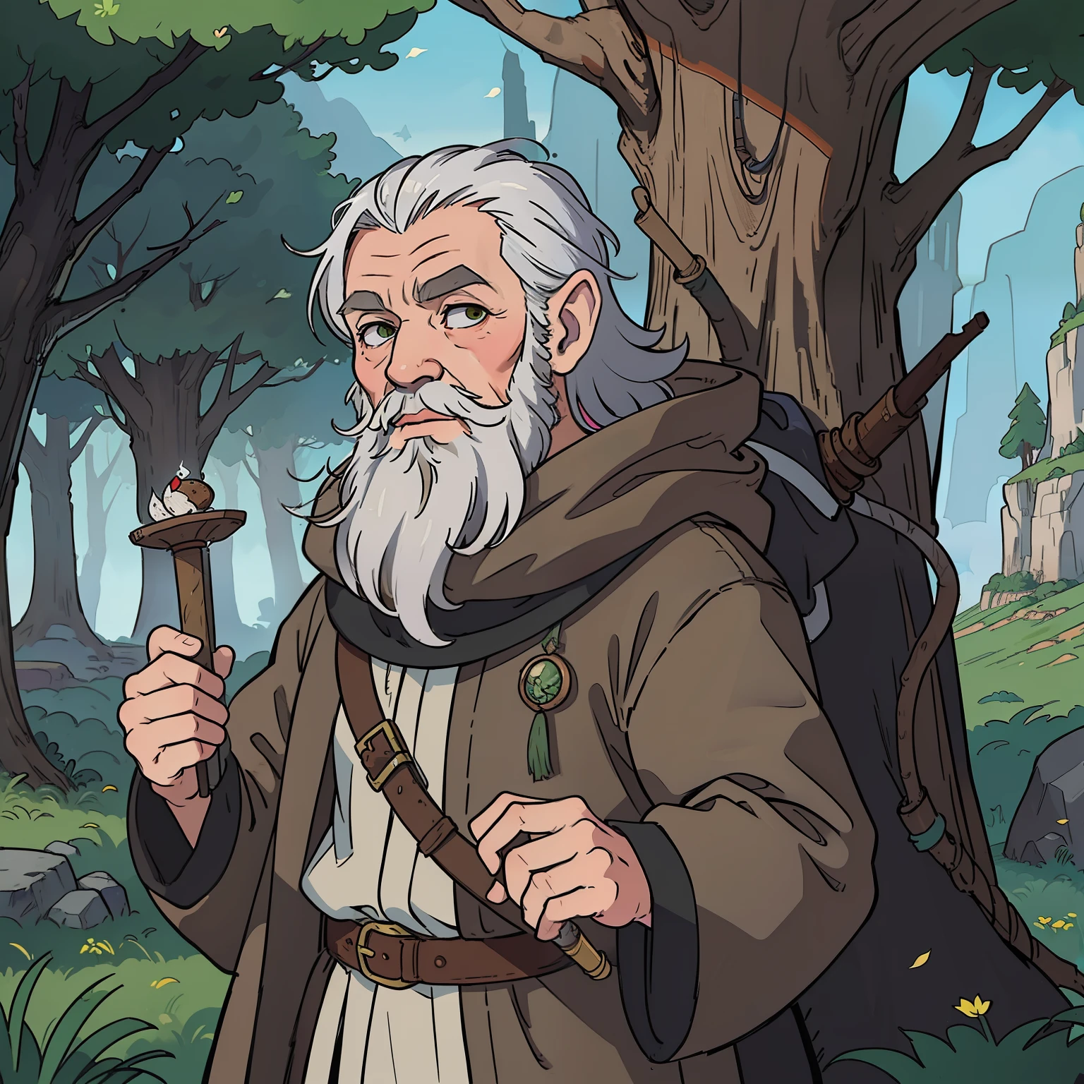 (((masterpiece))), (((best quality))), illustration, druid man, elder person, really old man, long silver beard, wearing a leather medieval hat, fantasy character, druid gnome portrait, forest mage, concept art, dirty druidic leather clothes, long smoking pipe with smoke, druid character, rpg druid character, dungeons and dragons druid, radagast like character from hobbit movie, game character, rpg character, highligths in hair, green forest in background, anime character, 8k, awesome quality