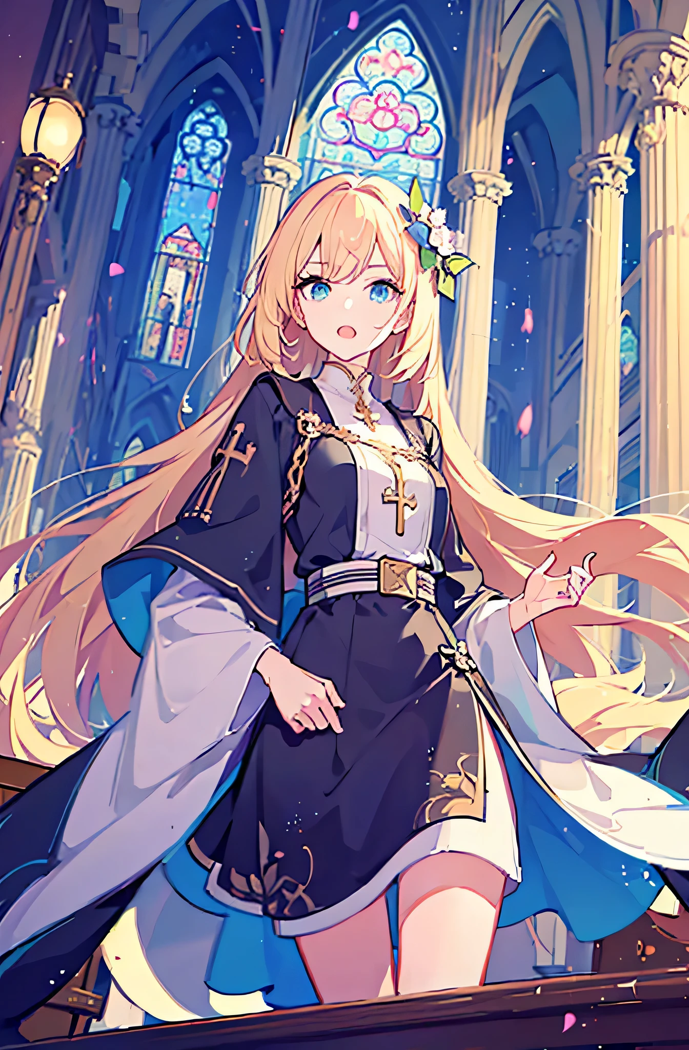 1girl, golden hair, solo focus, clearly, blue eyes, very long hair, stole, priest, Bishojo, church