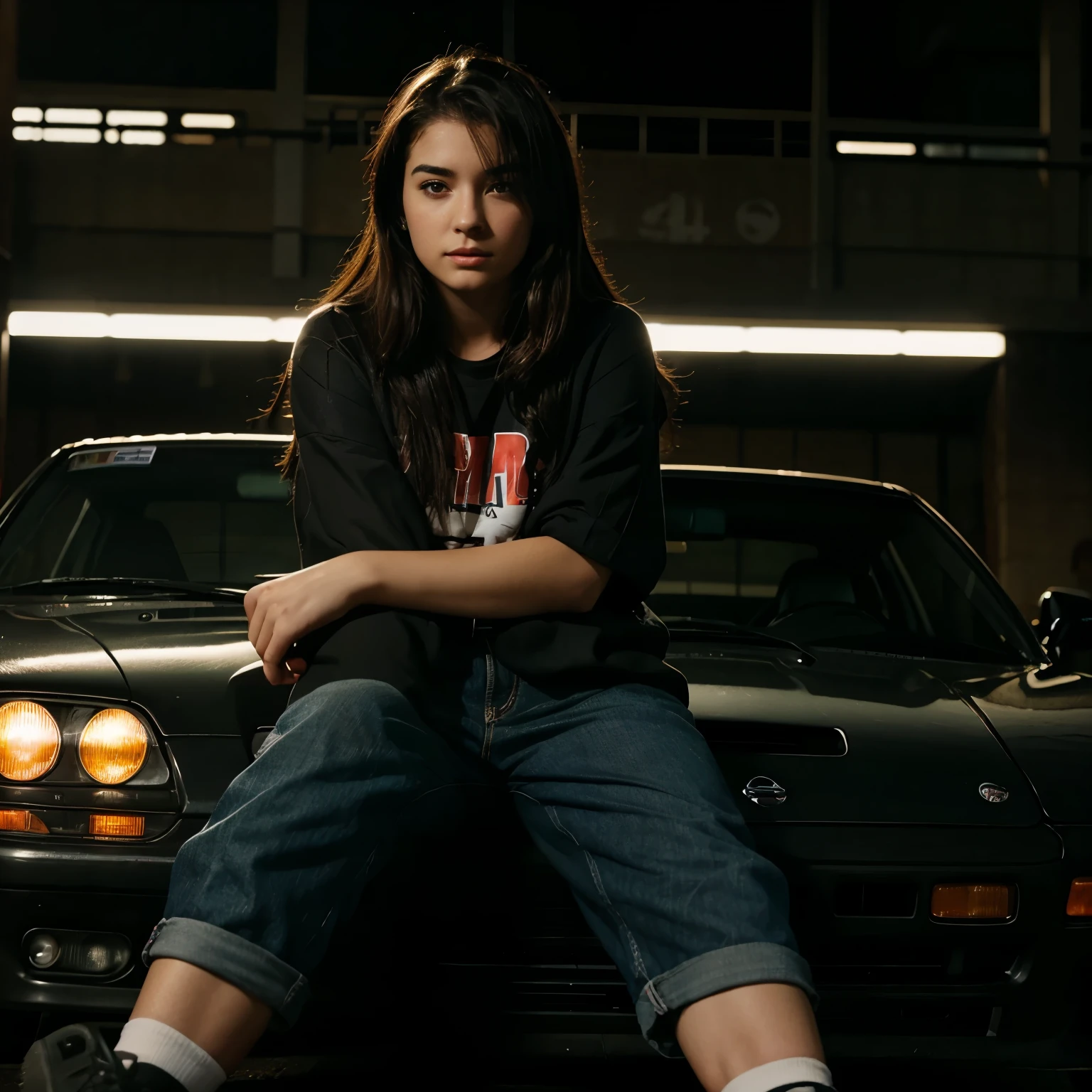 A tomboy woman sitting on a Nissan 240SX  during the night time while its raining