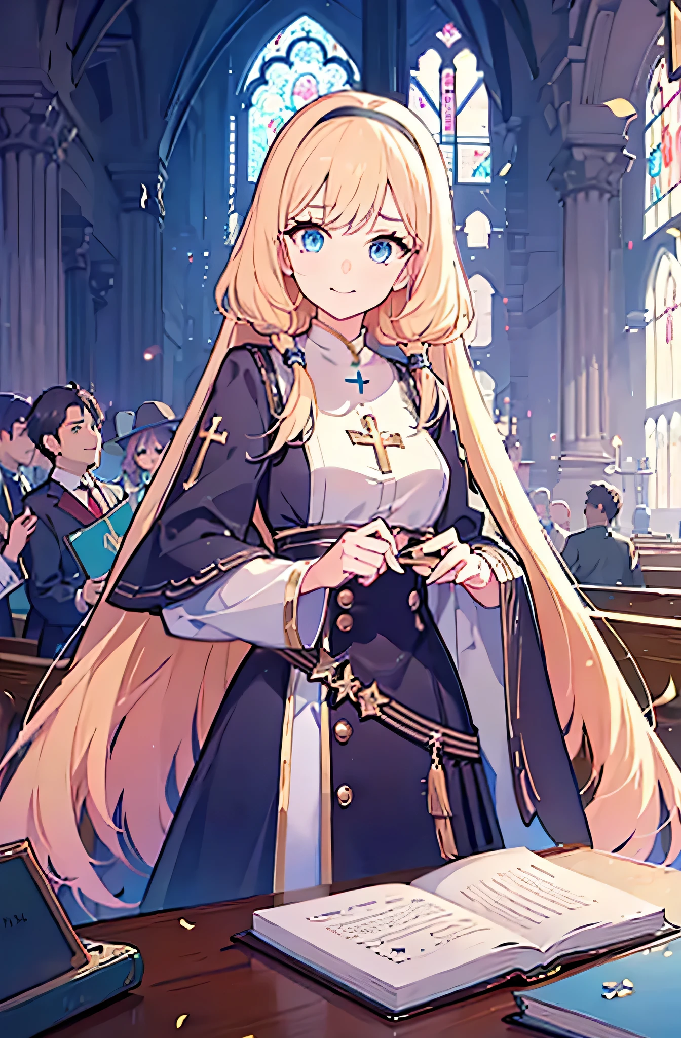 1girl, golden hair, solo focus, clearly, blue eyes, very long hair, stole, priest, Bishojo, church