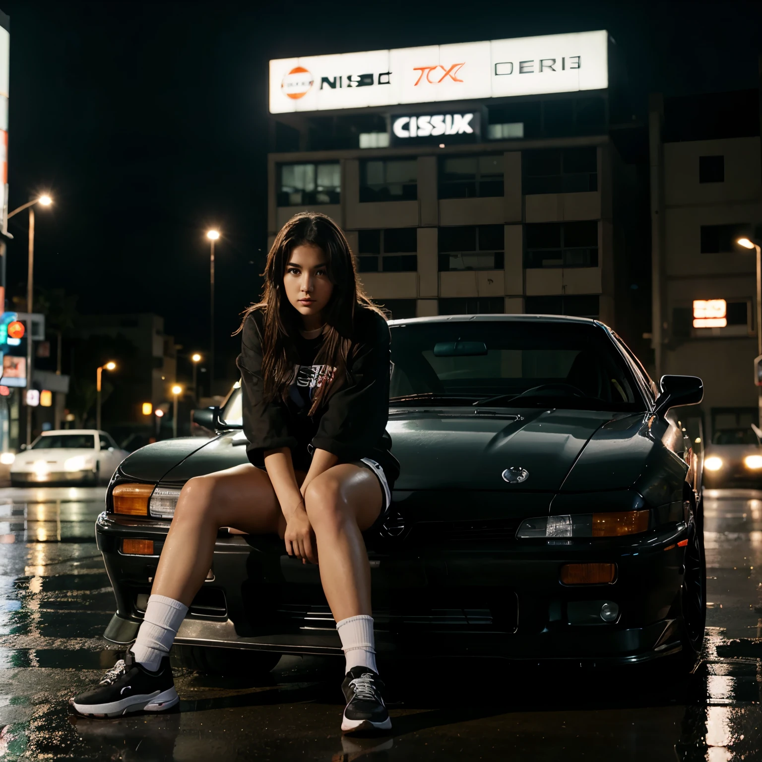A tomboy woman sitting on a Nissan 240SX  during the night time while its raining