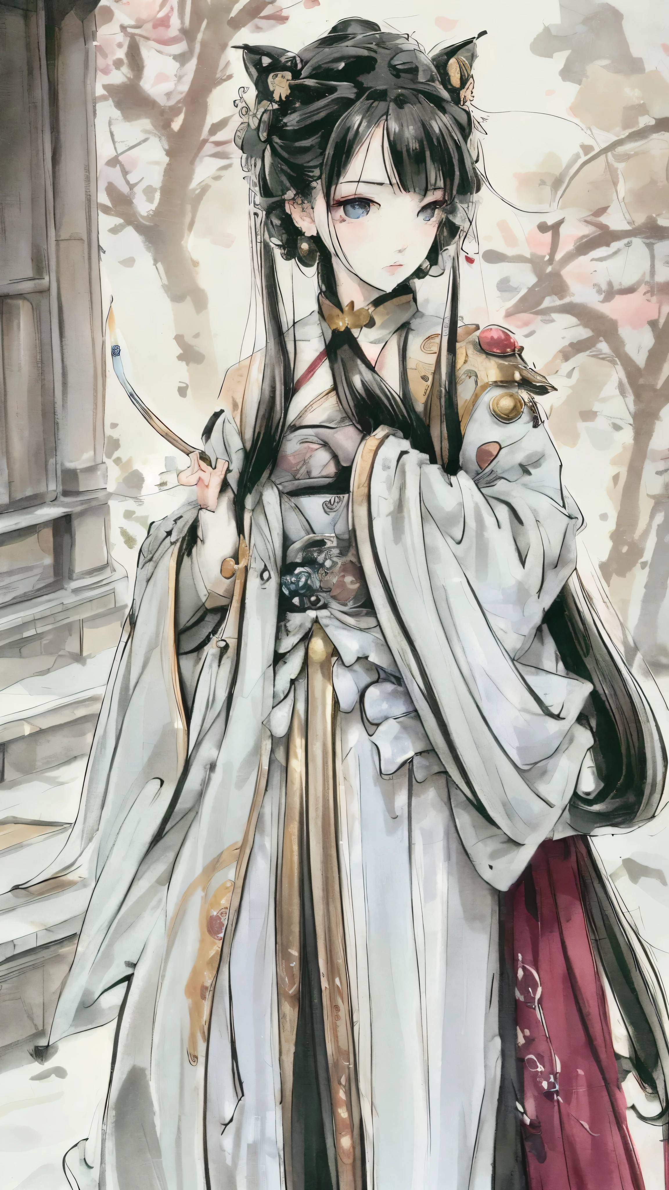 A girl with long, flowing black hair and piercing, detailed eyes stands tall as the Raiden Shogun. She wears a majestic attire adorned with elaborate, gold-trimmed armor and a flowing cape. The scene is set in a serene garden, with cherry blossom trees gently swaying in the background. The soft sunlight filters through the branches, casting a warm glow on the Shogun's face.
The Shogun holds a powerful, lightning-infused sword in one hand, radiating crackling energy. Her other hand is raised, summoning bolts of lightning from the sky. The lightning forms intricate patterns around her, emphasizing her divine connection to electricity. The air crackles with electric energy, creating an intense atmosphere.
To enhance the visual quality of the image, please use the following tags: (best quality, 4k, highres, masterpiece:1.2), ultra-detailed, (realistic, photorealistic, photo-realistic:1.37), HDR, studio lighting, ultra-fine painting, sharp focus, physically-based rendering, extreme detail description, professional, vivid colors, and bokeh.
In terms of art style, please focus on creating a portrait of the Raiden Shogun in a realistic manner, with a touch of fantasy elements. The color palette should feature a mix of warm and cool tones, accentuating the contrasting elements of power and serenity.
Overall, the prompt should be: "A girl with long, flowing black hair and piercing, detailed eyes stands tall as the Raiden Shogun, wearing a majestic attire adorned with elaborate, gold-trimmed armor and a flowing cape. She holds a powerful, lightning-infused sword and raises her hand, summoning bolts of lightning from the sky. The scene is set in a serene garden with cherry blossom trees, and the soft sunlight casts a warm glow on her face. (best quality, 4k, highres, masterpiece:1.2), ultra-detailed, (realistic, photorealistic, photo-realistic:1.37), HDR, studio lighting, ultra-fine painting, sharp focus, physically-based rendering, extreme detail description, professional,