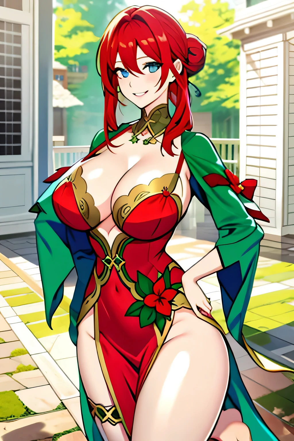 red hair, green colored dress, blue eyes, gigantic breasts, cleavage, bare legs, smiling