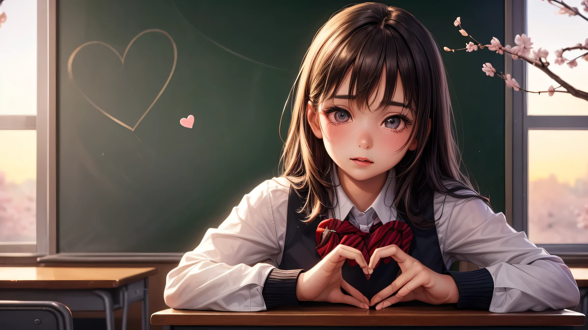 (1girl), brown eyes, (highly detailed eyes, highly detailed face), (hyper-realistic, hight resolution), (best Quality:1.4), (high school uniform, pleated mini skirt:1.2), model, Enchanting, Sublime, indoors, school, classroom, sunset, alone, (Heart shape written on blackboard with chalk:1.3), tears in her eyes, (Cherry blossoms), window,