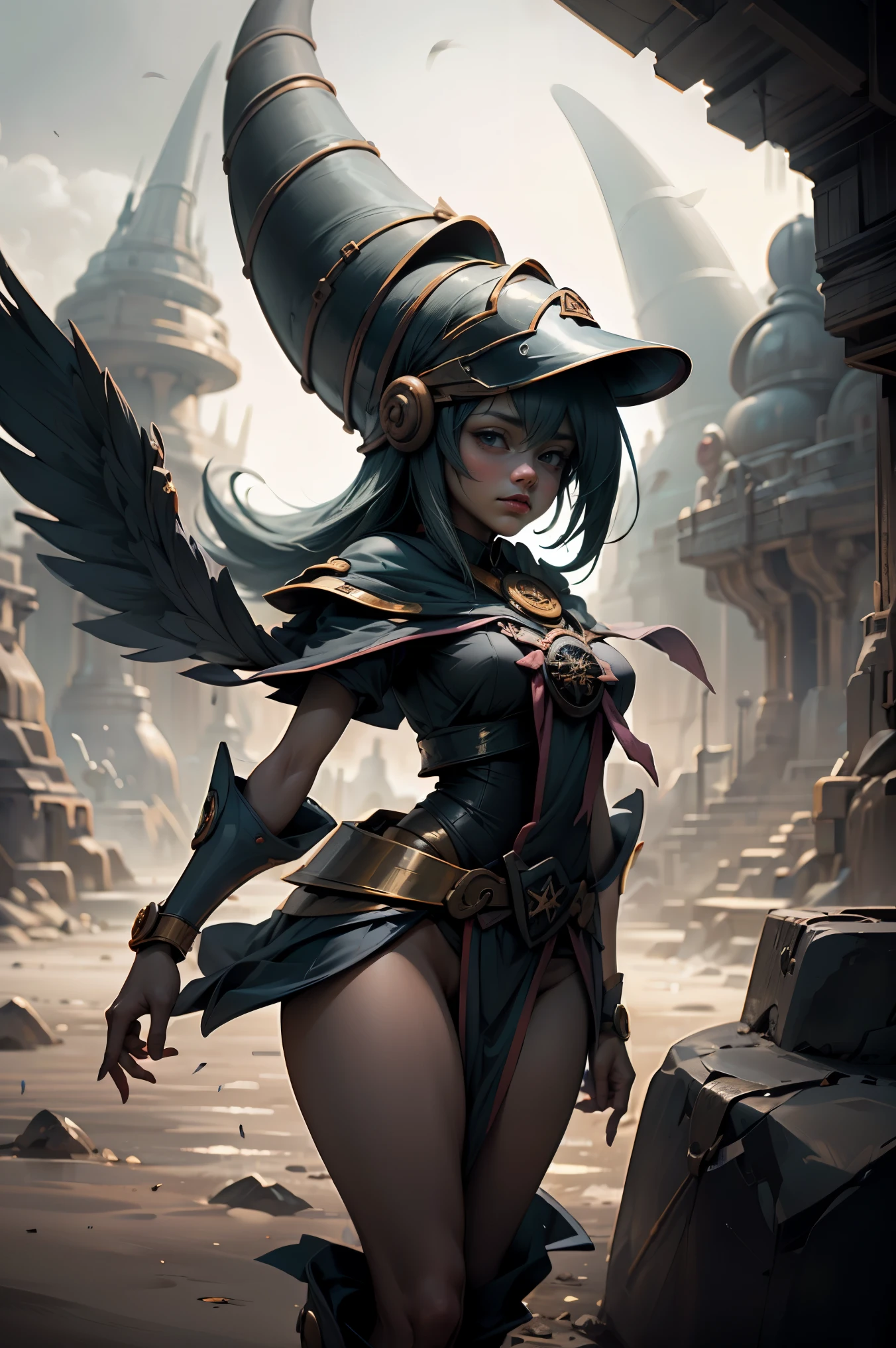 (Obra maestra:1.2), (La mejor calidad:1.2), perfect lighting, Chica Maga Oscura lanzando un hechizo, flotando en el aire, tetas grandes, escote, fondo de magia. Corazones transparente en el hambiente, bata azul, sombrero grande, desde arriba, Destellos, Yugioh Card en el fondo