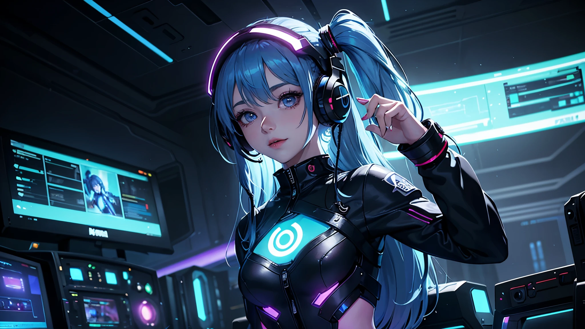 (masterpiece), highest quality, 超High resolution,Girl, サイバーパンク 1 美しい都市景観の上を飛ぶGirl ,Headphones,Blue Hair, Neon colorの流れ星, Very long hair, Off the shoulder, Neon color, Blink, Amazing night sky, Cinema Lighting, Realistic, Realistic Skin, High resolution,Fisheye Lens,Wearing a see-through transparent rubber suit,