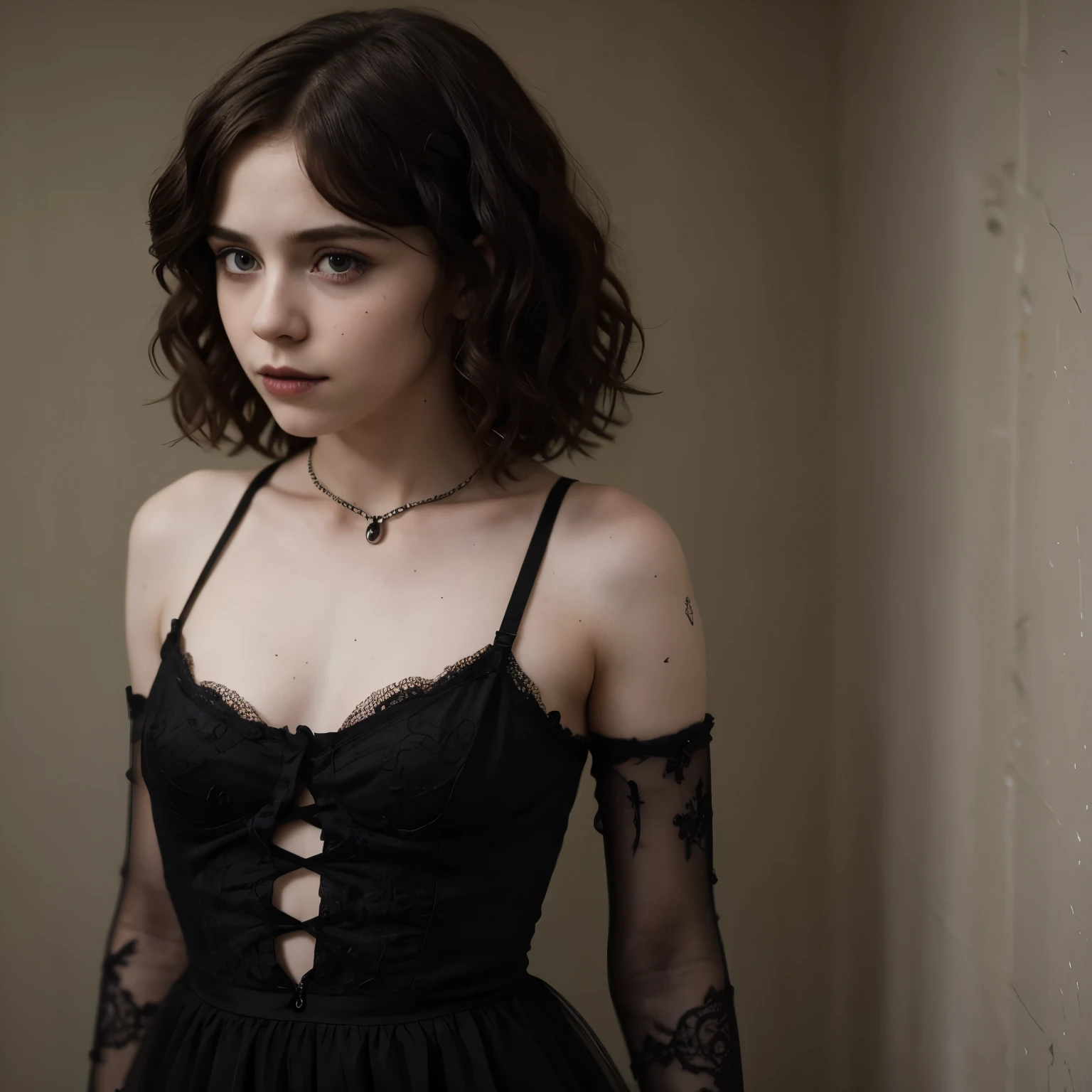 Sophia Lillis, thick body, goth clothes, pale skin, long wavy hair, small breasts, cleavage, goth makeup
