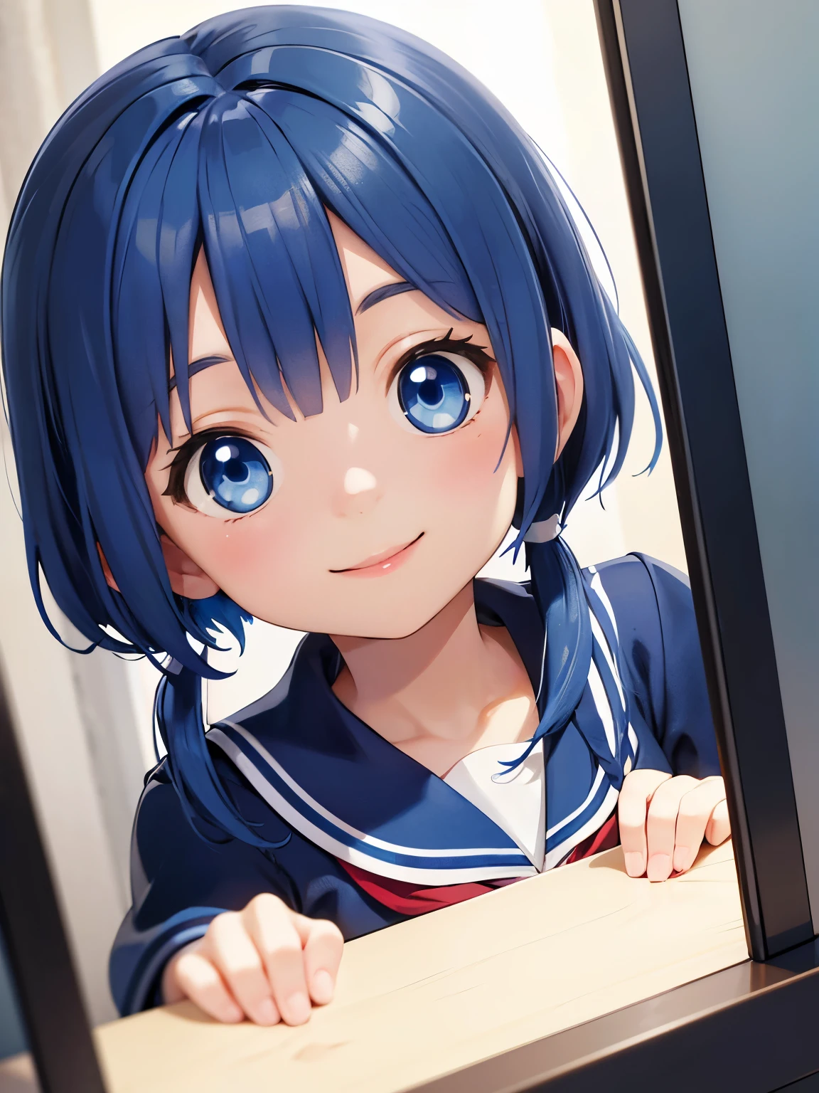 Blue eyes, blue hair, cheery, little, small, short, close up, long hair, blue school uniform, happy, portrait, closeup, short pigtails, short hair, young, tiny, innocent, hair puffs, l0li, loliloli