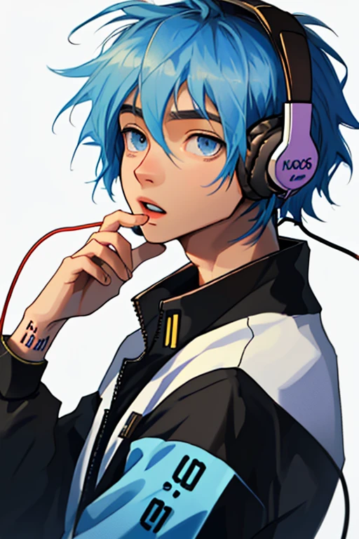 short blue hair, blue eyes. headphone headset, vocaloid outfit 