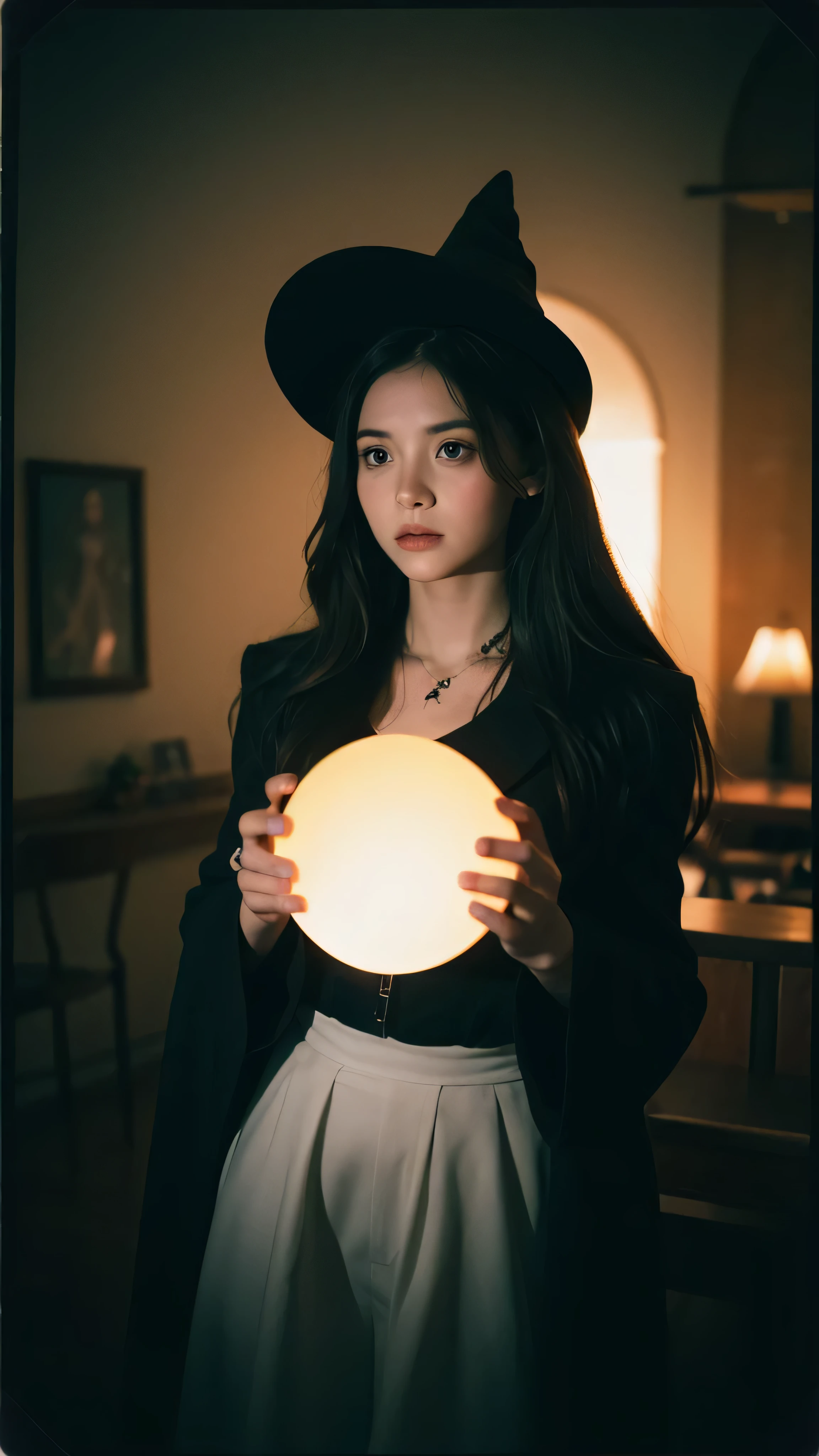 una joven bruja con demonios a su alrededor. estilo polaroid