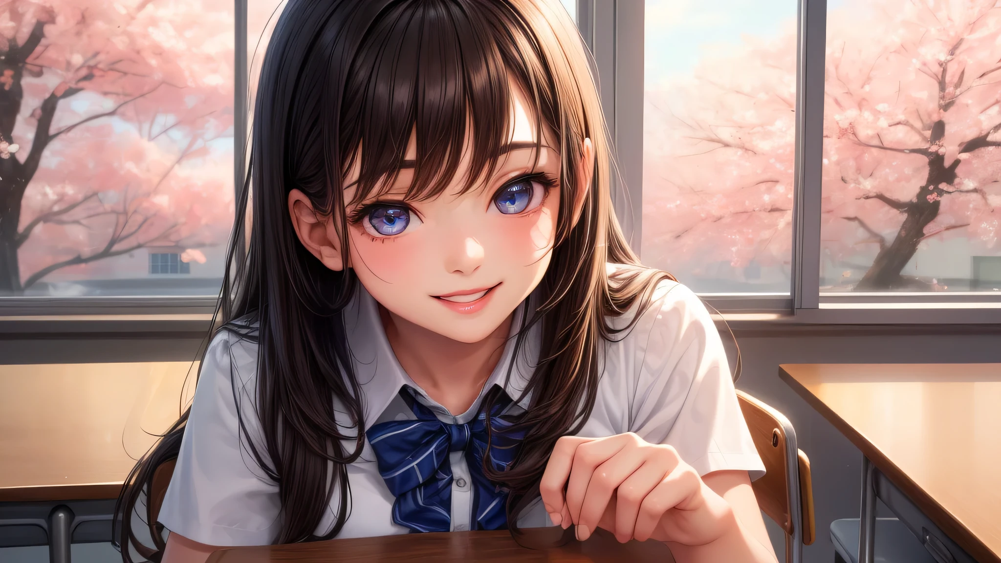 (1 girl:1.2), very cute face, Smile, (highly detailed eyes, highly detailed face), Fresh, very beautiful appearance, (High resolution), (highest quality:1.4), professional photography, (high School uniform, pleated mini skirt:1.2), smile a little, School, classroom, cherry blossoms,