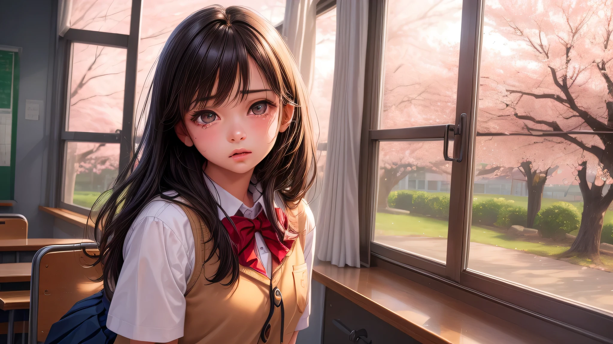 (1girl), brown eyes, (highly detailed eyes, highly detailed face), (hyper-realistic, hight resolution), (best Quality:1.4), (high school uniform, pleated mini skirt:1.2), model, Enchanting, Sublime, indoors, school, classroom, sunset, alone, tears in her eyes, (Cherry blossoms), window, school playground