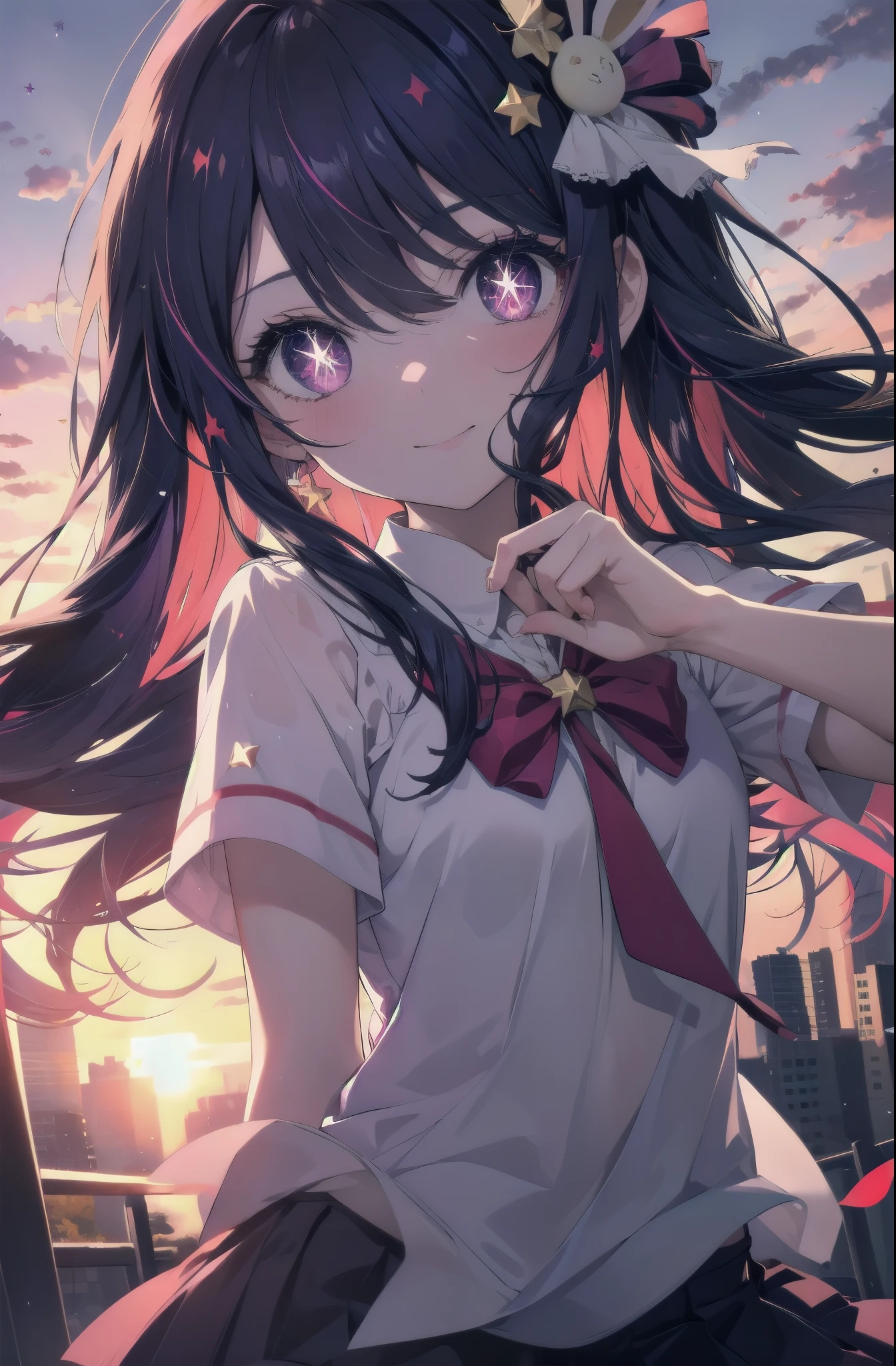 aihoshino, Ai Hoshino, hair between eyes, hair ornaments, hair ribbon, long hair, one side up, (purple eyes:1.1), purple hair, rabbit hair ornaments, smile,(star-shaped pupil:1.5), pupil in the shape of a symbol,White Y-shirt,ribbon,purple blazer,Purple pleated skirt,black pantyhose,chan loafers,sunrise,morning,
break looking at viewer,
break outdoors,In town,building street,
break (masterpiece:1.2), highest quality, High resolution, unity 8k wallpaper, (figure:0.8), (detailed and beautiful eyes:1.6), highly detailed face, perfect lighting, Very detailed CG, (perfect hands, perfect ???????),
