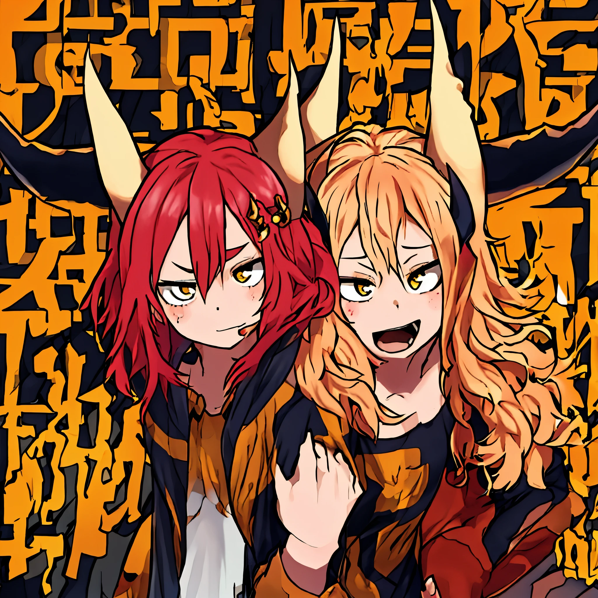 1girl, solo, rose gold hair, long curly hair, curly bangs, wavy hair, messy hair, small red horns, golden eyes, wearing a black hoodie, shy expression, blonde hair, demon horns, hair between eyes, horns, long hair, red horns, very long hair, yellow eyes, upper body shot ,more_details:-1, more_details:0, more_details:0.5, more_details:1, more_details:1.5,horikoshi kouhei, boku no hero academia,