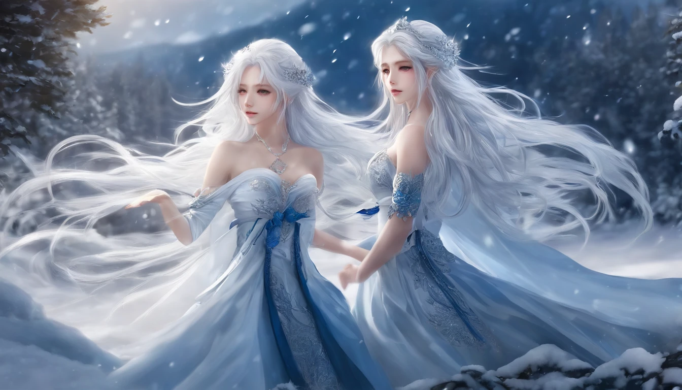Anime girl with long white hair and a blue dress in the snow, white haired god, white hair floating in the air, anime fantasy illustration, flowing gray hair, beautiful young wind spirit, beautiful fantasy anime, shining flowing hair, fantastic anime, beautiful anime artwork, beautiful digital artwork, anime fantasy artwork, ((beautiful fantasy empress)), 2. 5 d cgi anime fantasy artwork
