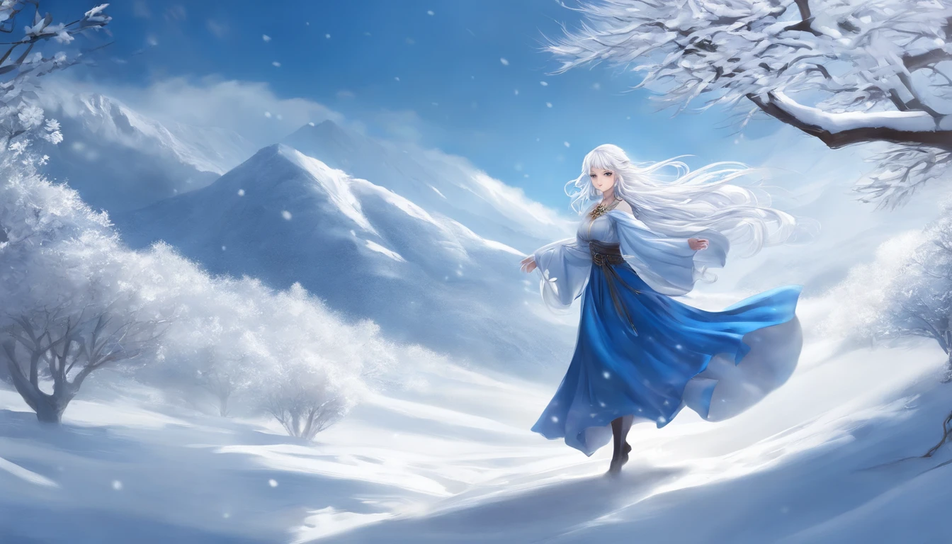 Anime girl with long white hair and a blue dress in the snow, white haired god, white hair floating in the air, anime fantasy illustration, flowing gray hair, beautiful young wind spirit, beautiful fantasy anime, shining flowing hair, fantastic anime, beautiful anime artwork, beautiful digital artwork, anime fantasy artwork, ((beautiful fantasy empress)), 2. 5 d cgi anime fantasy artwork
