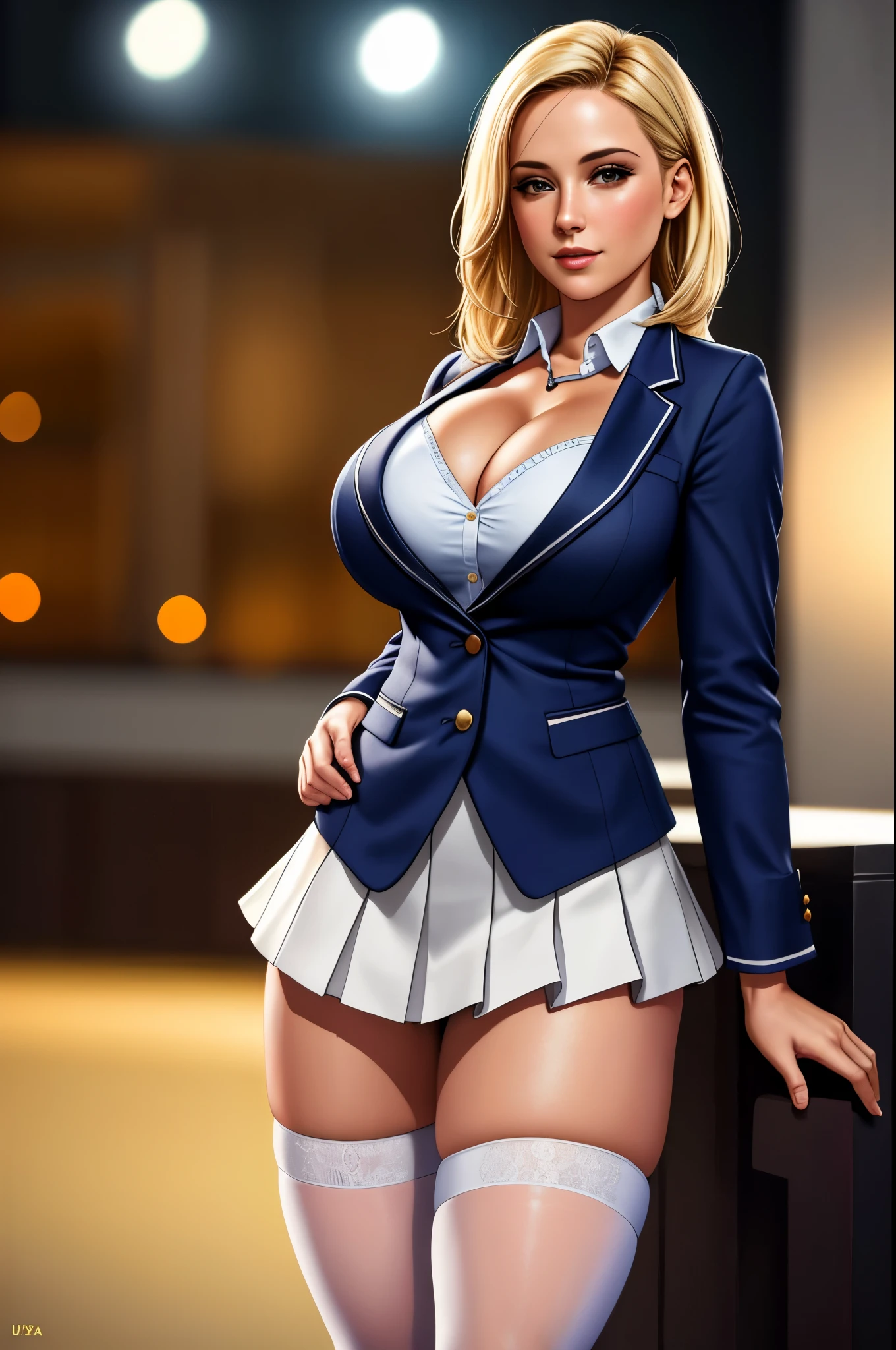 (best quality,4k,8k,highres,masterpiece:1.2),ultra-detailed,(realistic,photorealistic,photo-realistic:1.37),HDR,UHD,studio lighting,ultra-fine painting,sharp focus,physically-based rendering,extreme detail description,professional,vivid colors,bokeh,portraits
woman in school uniforms, posing for a picture, wearing school uniform, short skirt, cleavage, knee high white stockings, blonde hair,