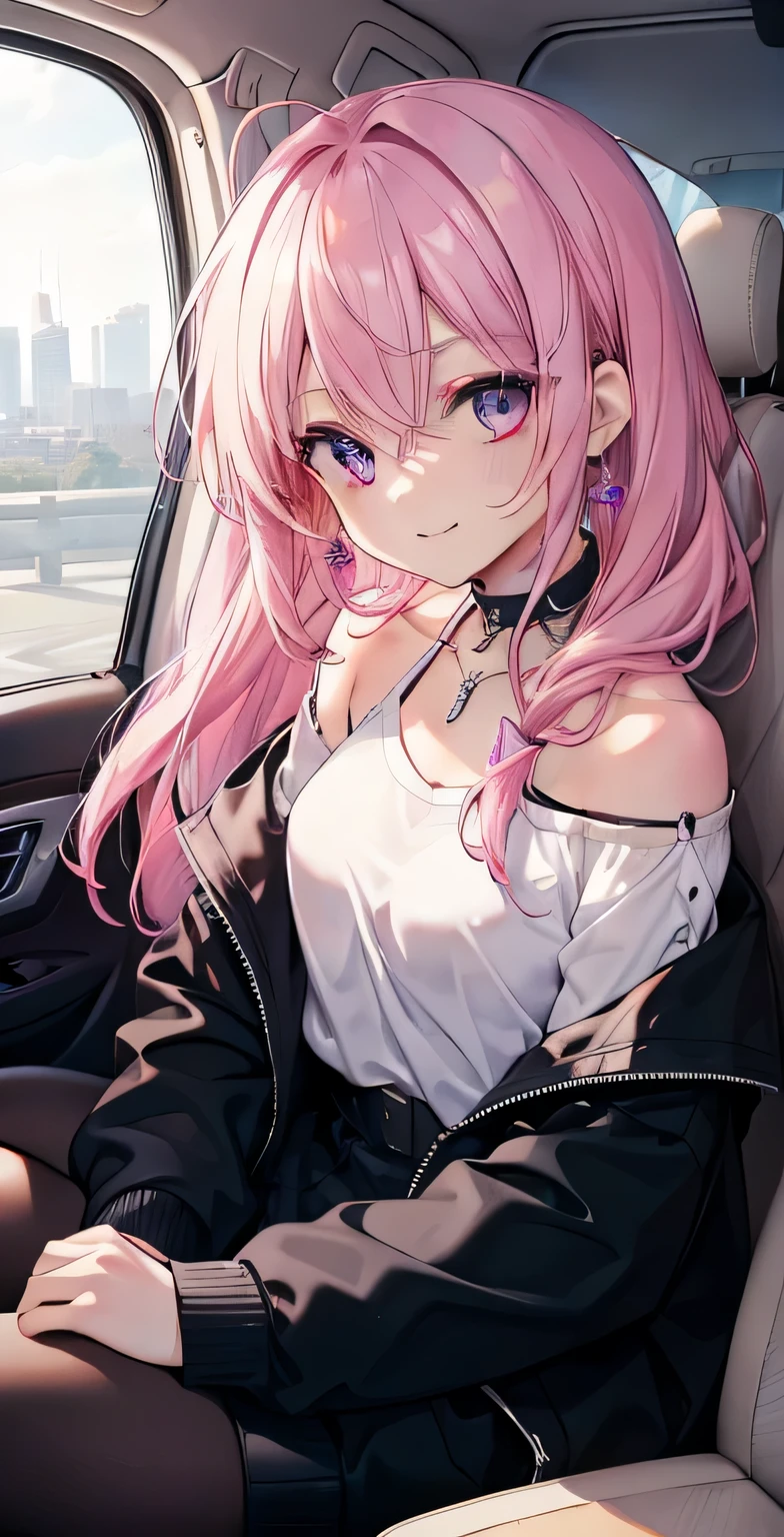 (masterpiece, highest quality), 1 girl sitting in a car, 1 girl, jewelry, smile, looking at the viewer, car interior, alone, pink hair, purple eyes, handle, blush, long hair, white shirt, Please take it off your shoulders, black jacket, hair between eyes, long sleeve, large elastic wrist,chest