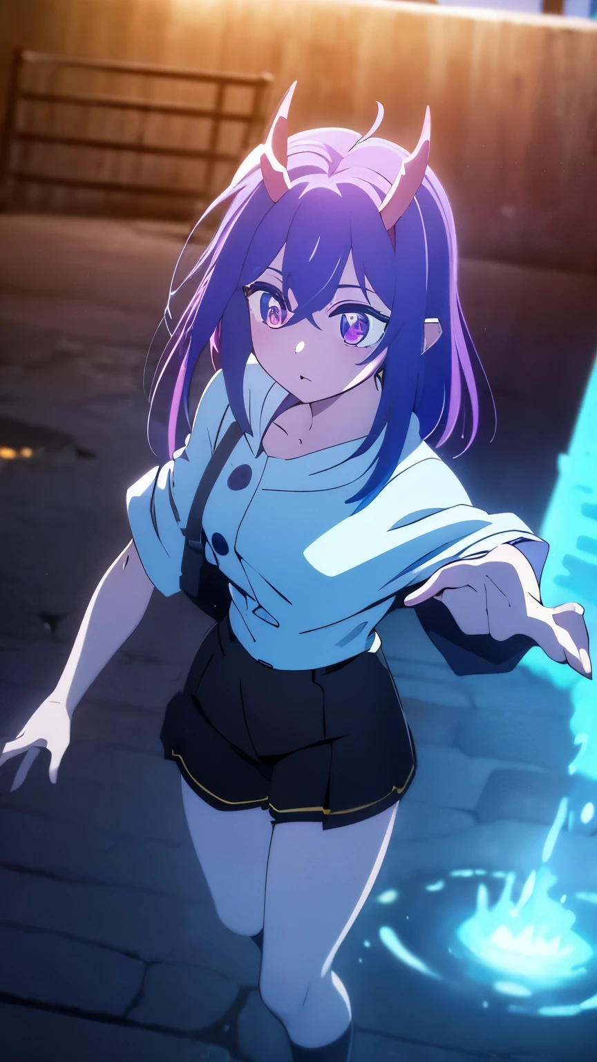 1 girl ,(big Stigmata), non binary, androgynous, School courtyard, (floating hair), ((in courtyard fountain)), character focus, ((black light)),((dark lighting)), cinematic lighting ,(darkness), (concept art), ((innocent face)), blue short straight hair, light blue hair color, dragonoid girl, short, short blue hairy, glowing bluish-purple horns, bluey-purple eye color, (glowing eyes), high resolution,(incredibly absurdres) ,extremely detailed CG unity 8k wallpaper, ((masterpiece)), ((top-quality)), (beautiful illustration), ((an extremely delicate and beautiful)), (masterpiece, Best quality, ultra high resolution), 1 girl, pale skin, Black Crown, purple eyes, Luminous_eyes, neon blue eyes, ultra detailed eyes, Beautiful and detailed face, detailed eyes, (Centered, torso), (wide shot:0.9), facing the viewer, Eye level, flat chested, flat chest, cup size AAA, Wearing black cargo shorts, sharp horns, blue horns on top of head